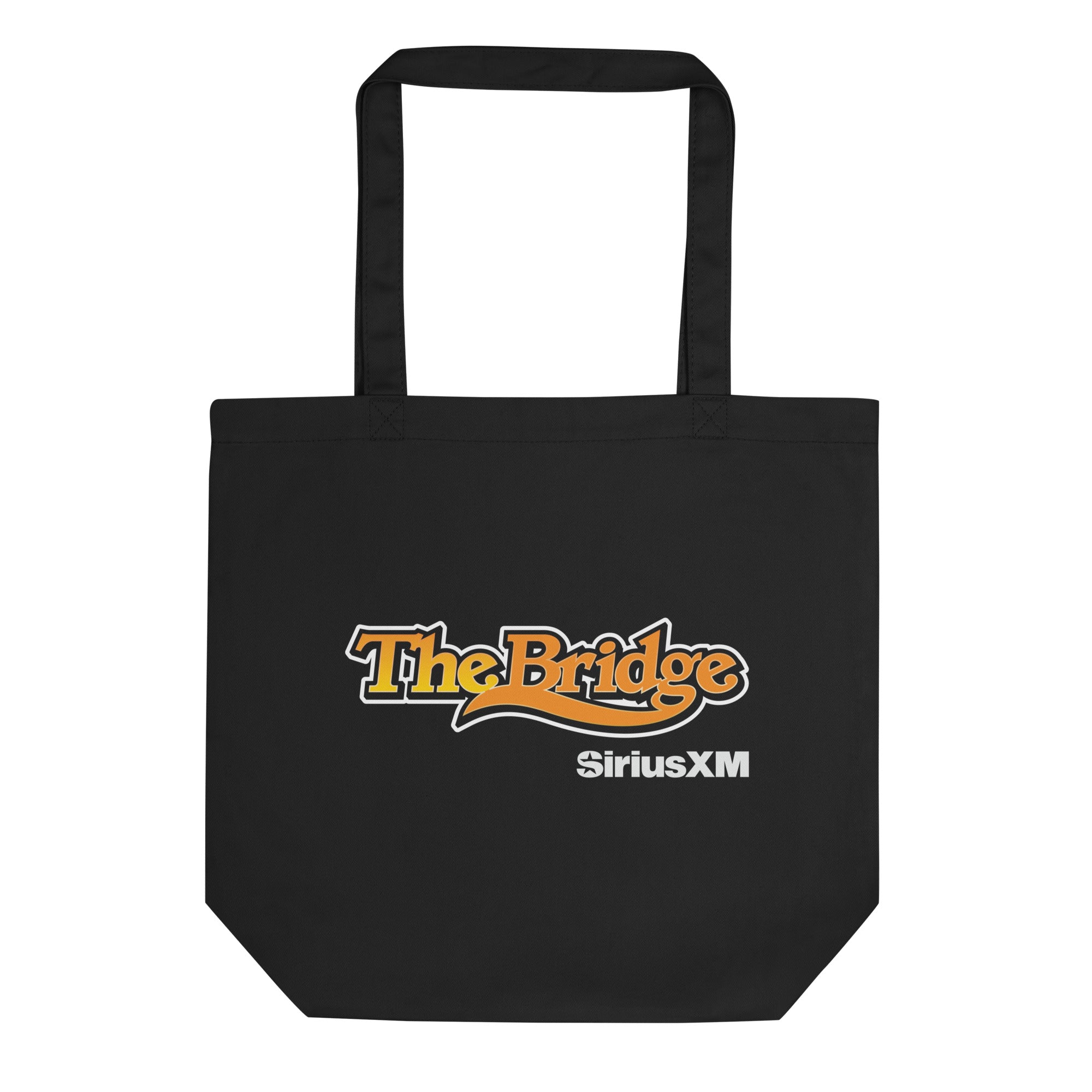 Black tote bag featuring 'The Bridge' logo in orange and 'SiriusXM' in white.