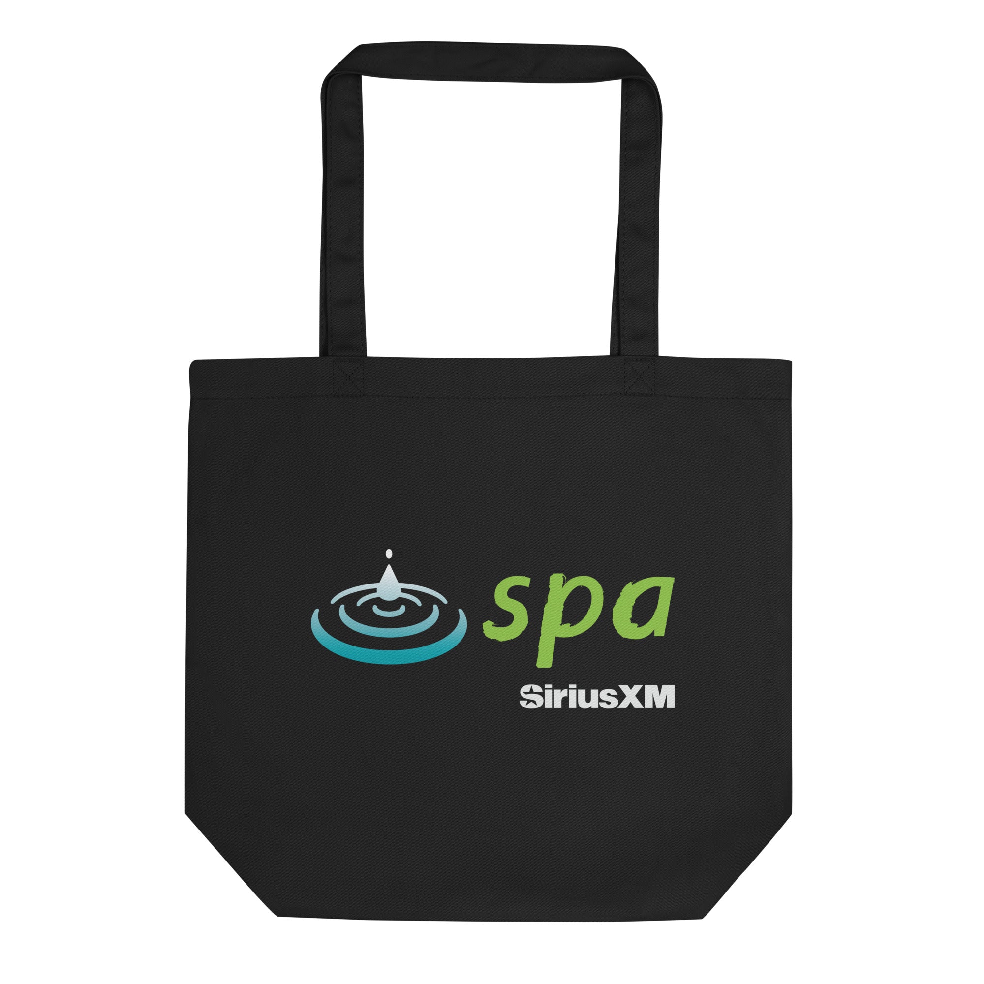 Black tote bag featuring the word 'spa' in green with a water droplet in blue and SiriusXM logo in white.