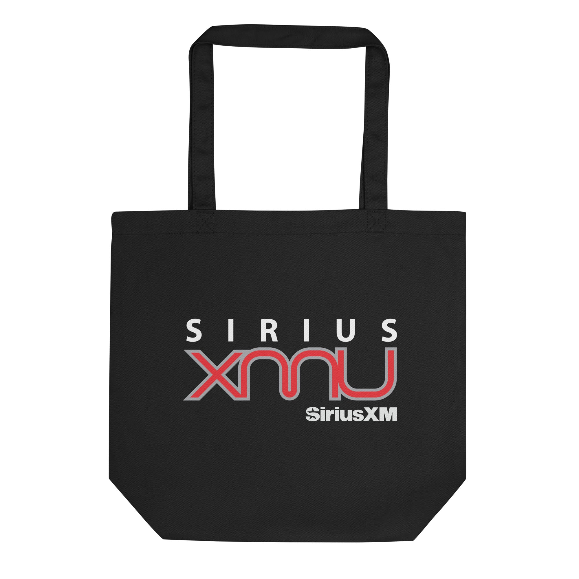 Black tote bag featuring the 'Sirius XMU'logo in white and red text.