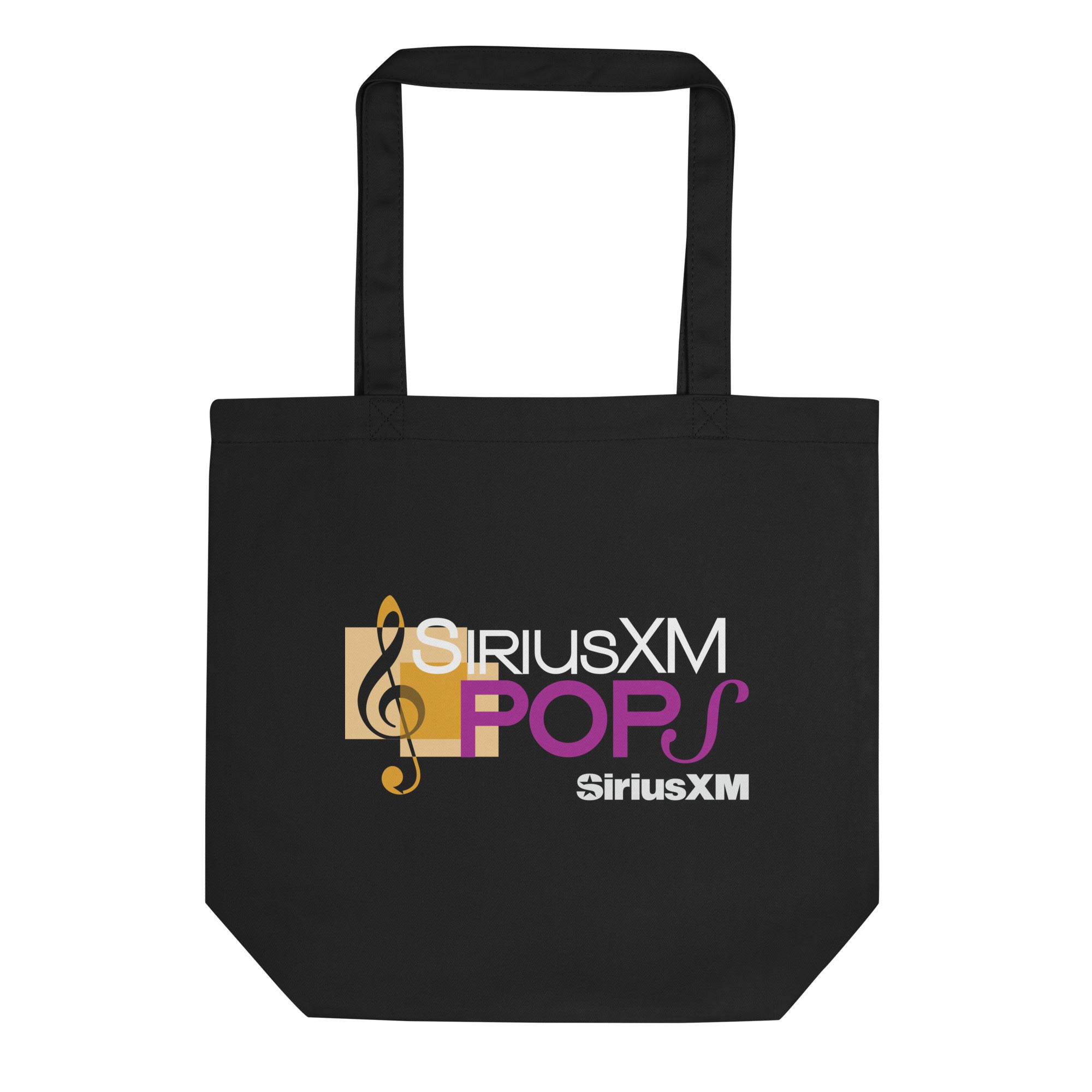Black tote bag featuring the 'SiriusXM' logo and 'POPS' in black, gold and purple text with musical notes.