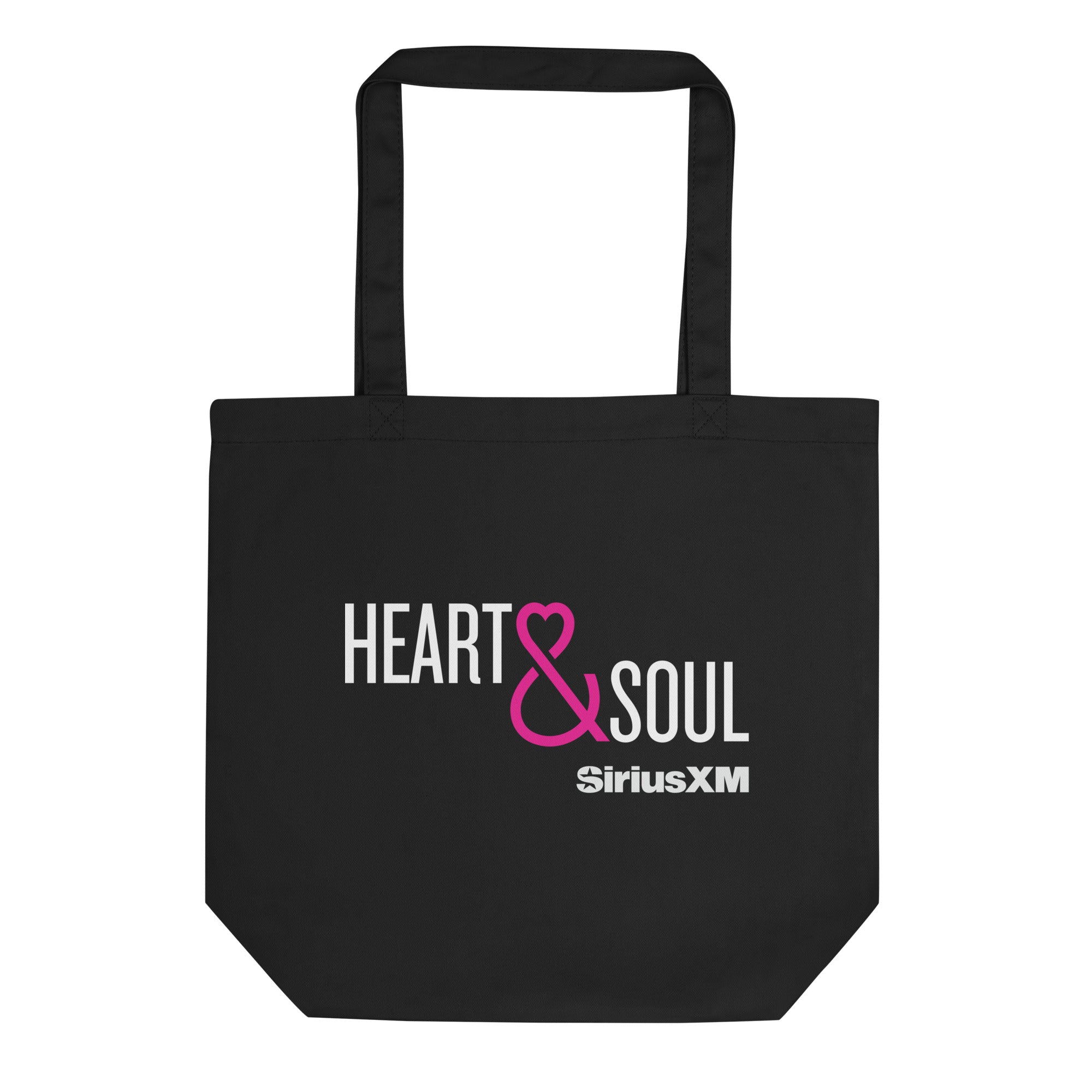 Black tote bag featuring the text 'HEART & SOUL' in white and pink and 'SiriusXM' logo in white.