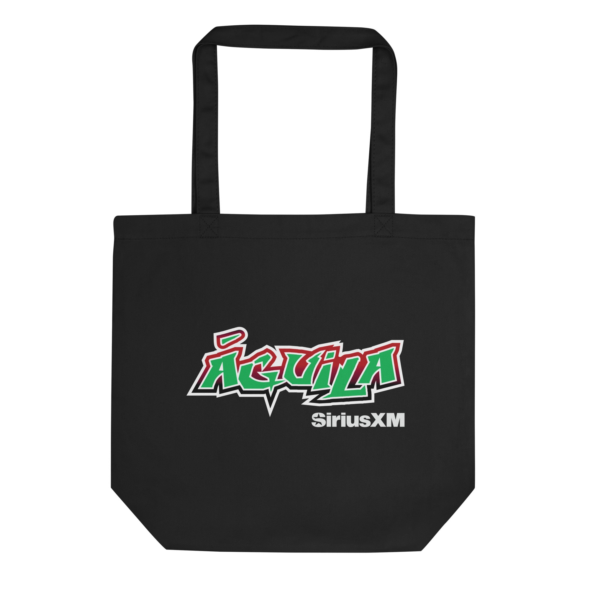 Black tote bag featuring 'Águila' logo in red, green, and white with 'SiriusXM' text below.