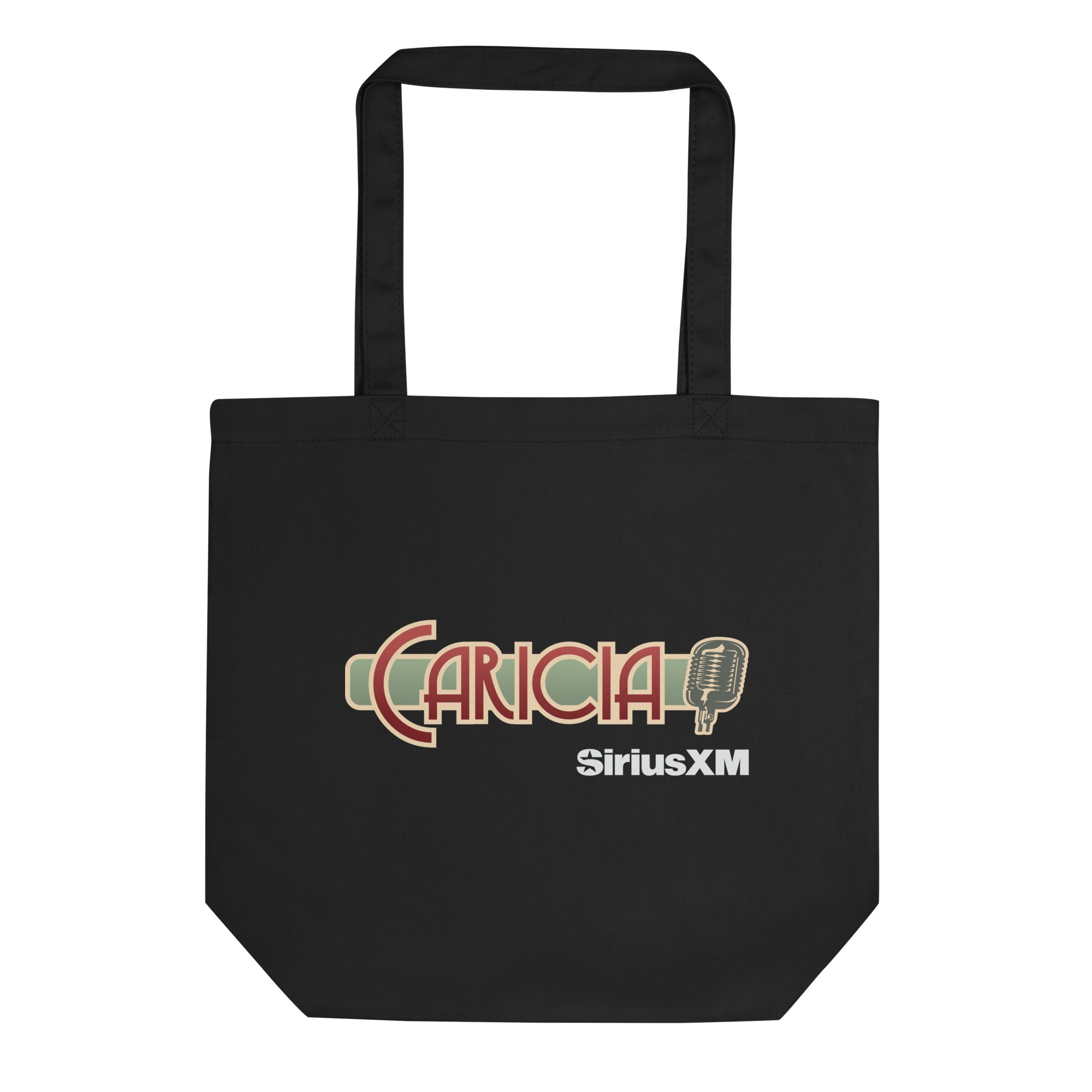Black tote bag featuring 'Caricia' in ruby and green and 'SiriusXM' in white with a microphone graphic.