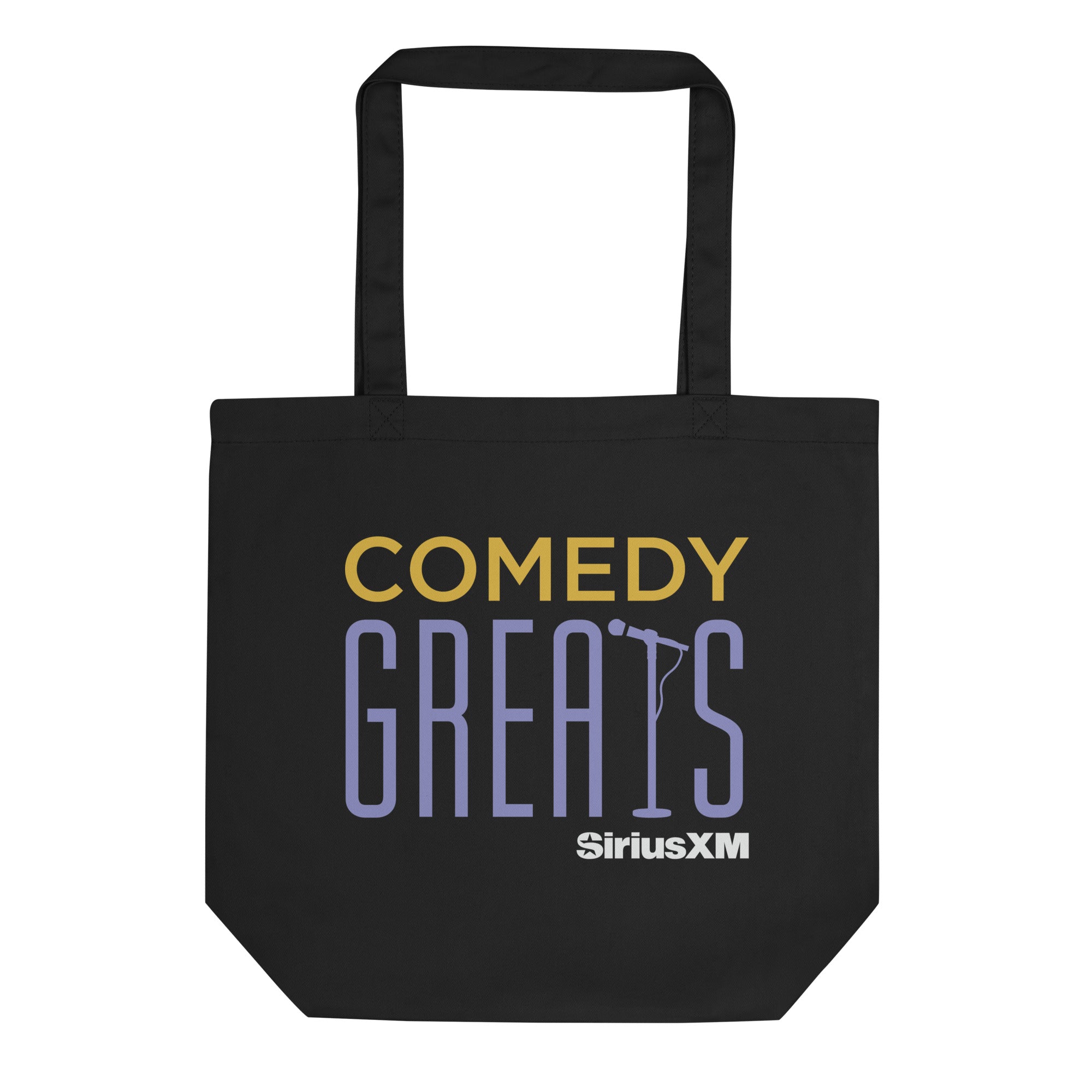 Black tote bag featuring the text 'COMEDY GREATS' in yellow and purple and a microphone graphic, with SiriusXM logo in white.