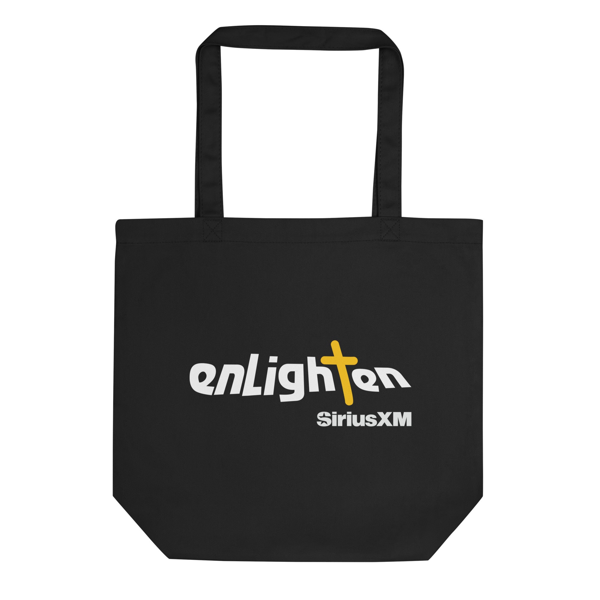 Black tote bag with the word 'enLighten' and a yellow cross, along with 'SiriusXM' logo underneath.
