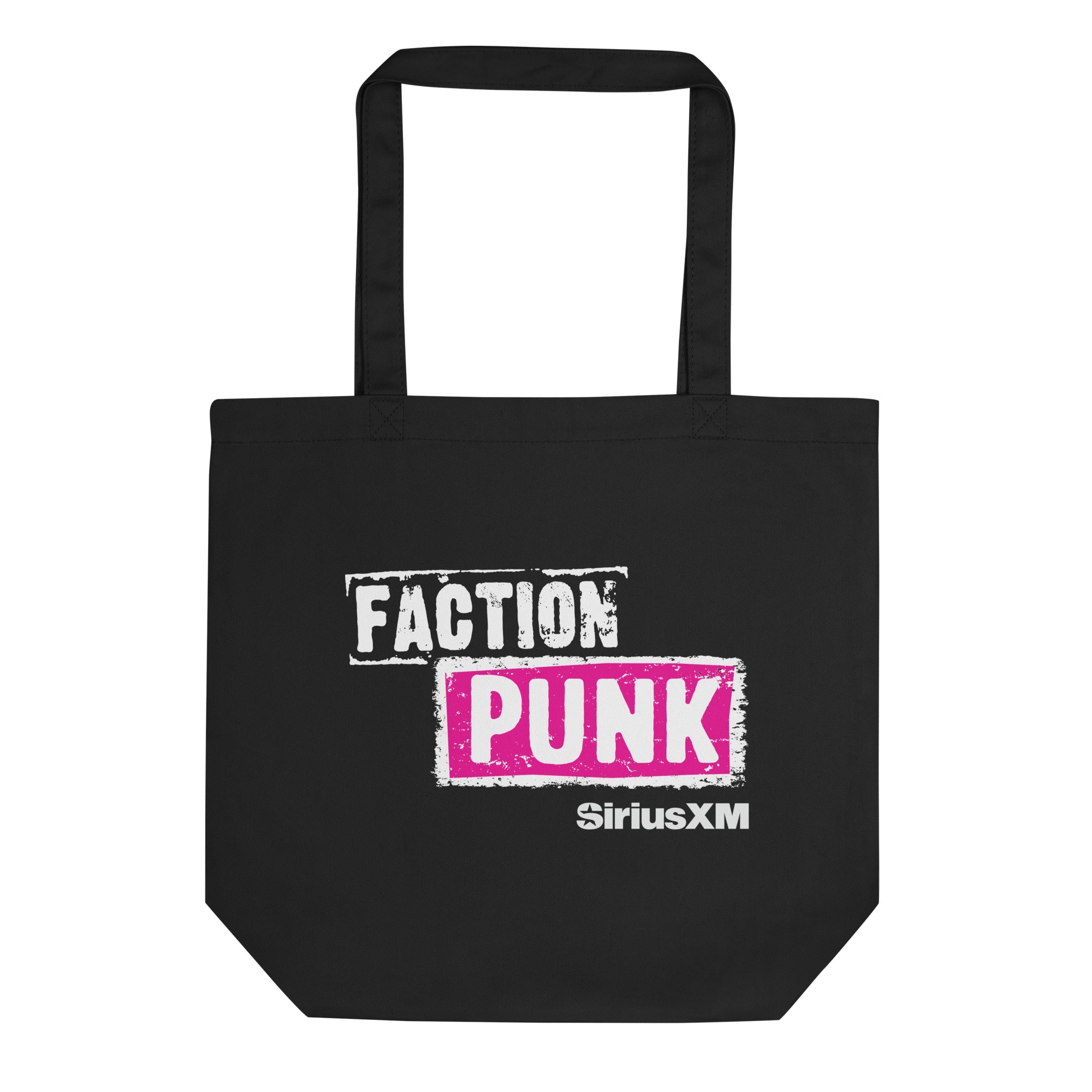 Black tote bag featuring the text 'FACTION PUNK' in white and pink with 'SiriusXM' below.