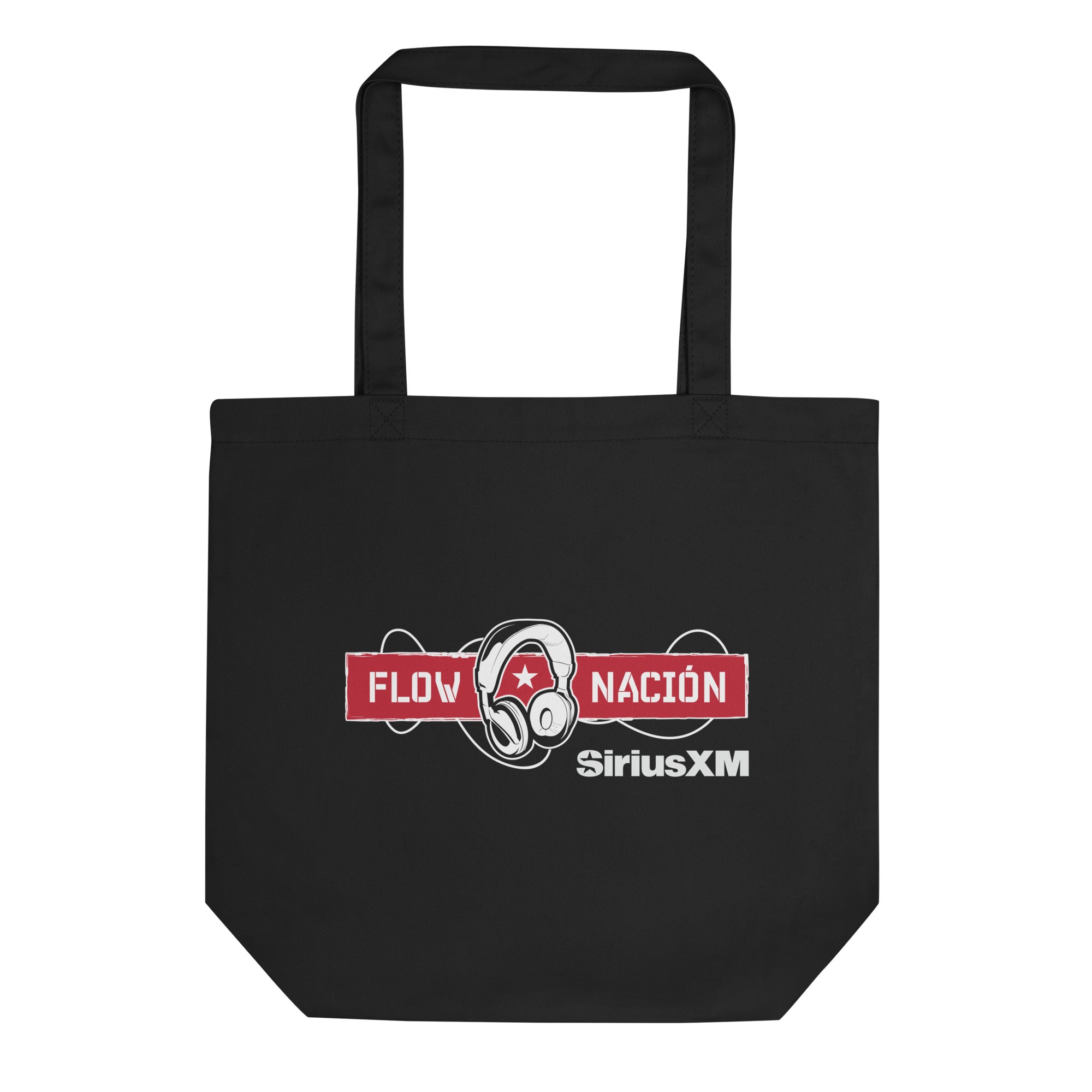 Black tote bag featuring 'FLOW NACIÓN' in red and white and 'SiriusXM' with a graphic of headphones.