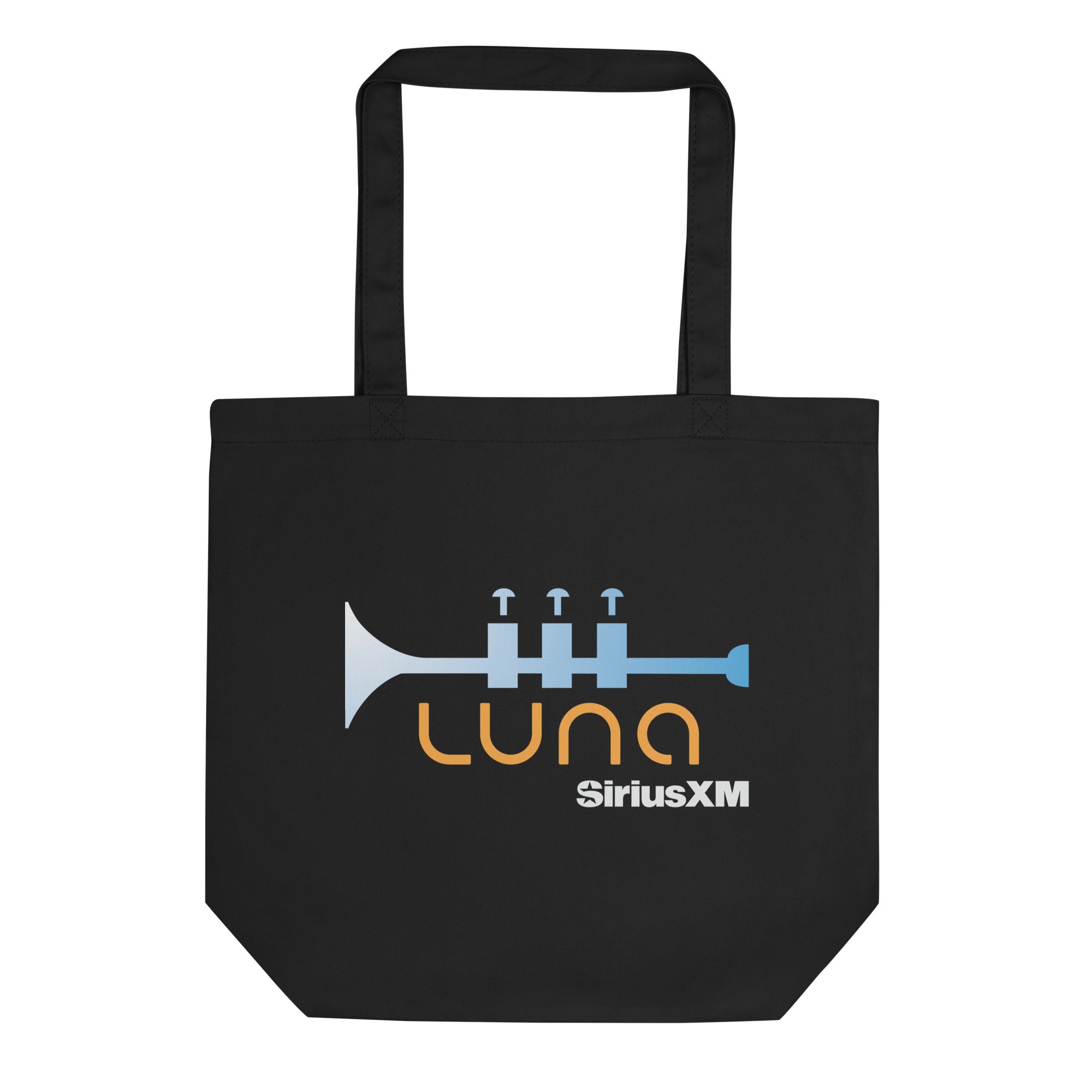 Black tote bag featuring a trumpet graphic in blue and the words 'LUNA SiriusXM' in orange and white.