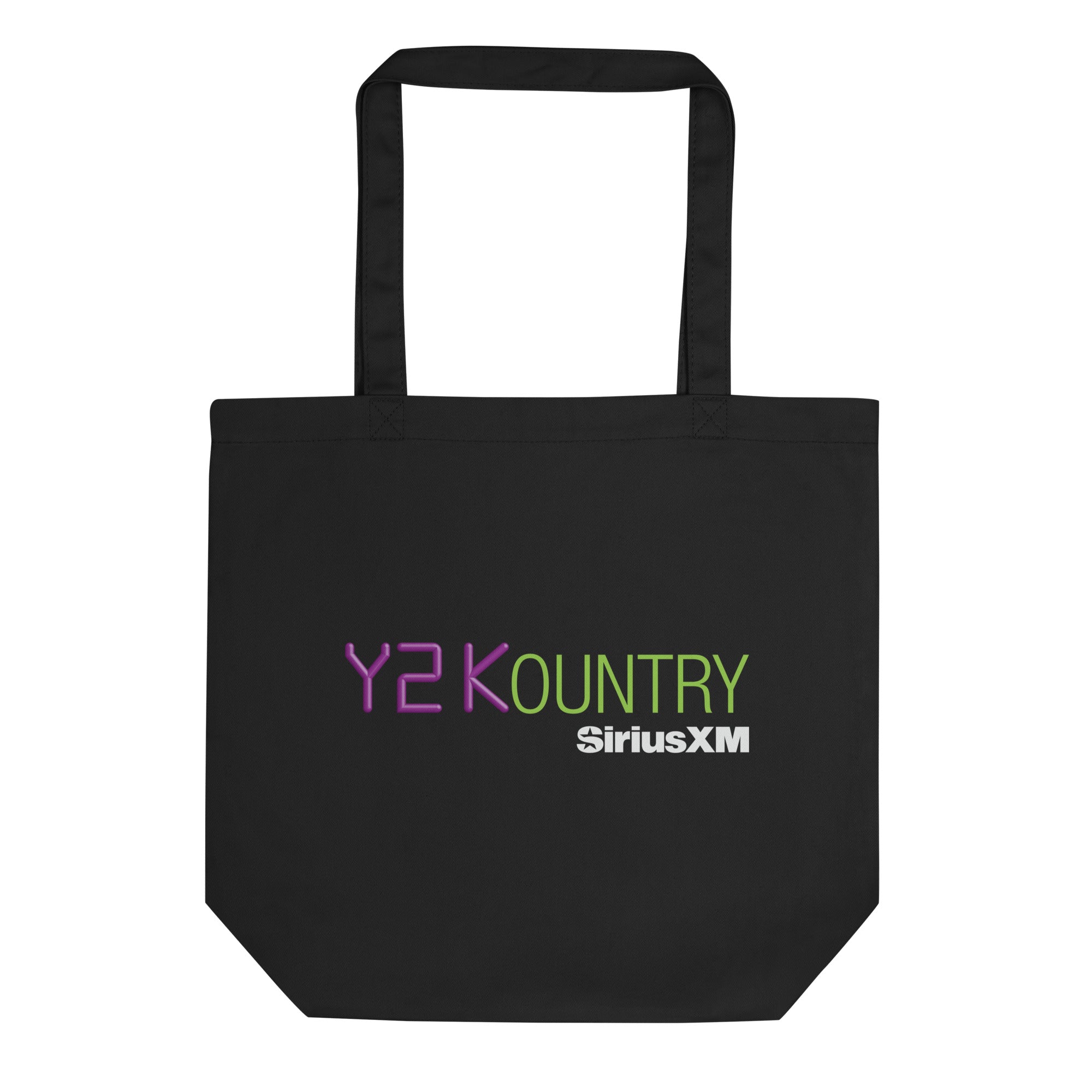 Black tote bag featuring 'Y2KOUNTRY' in vivid purple and green font and 'SiriusXM' in colorful text.