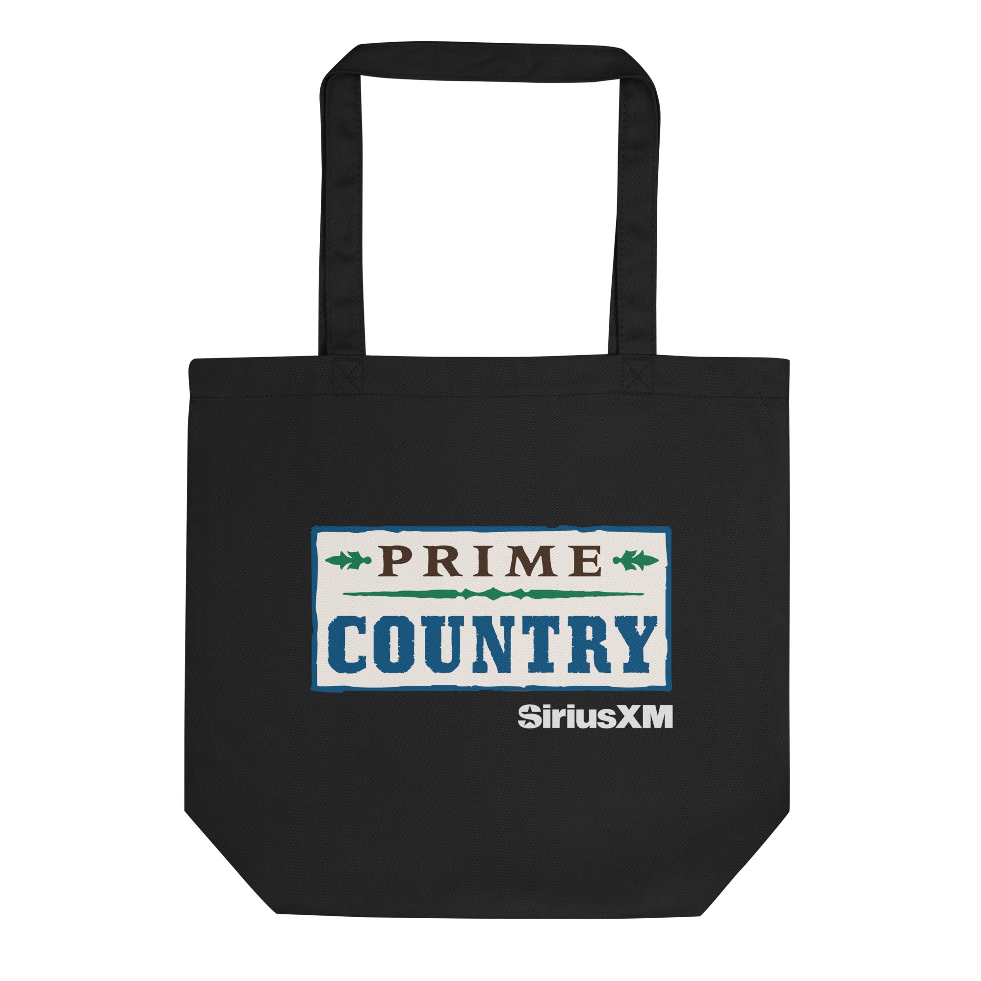 Black tote bag featuring the text 'PRIME COUNTRY' logo in white brown, green and blue,  and 'SiriusXM' in a decorative style.