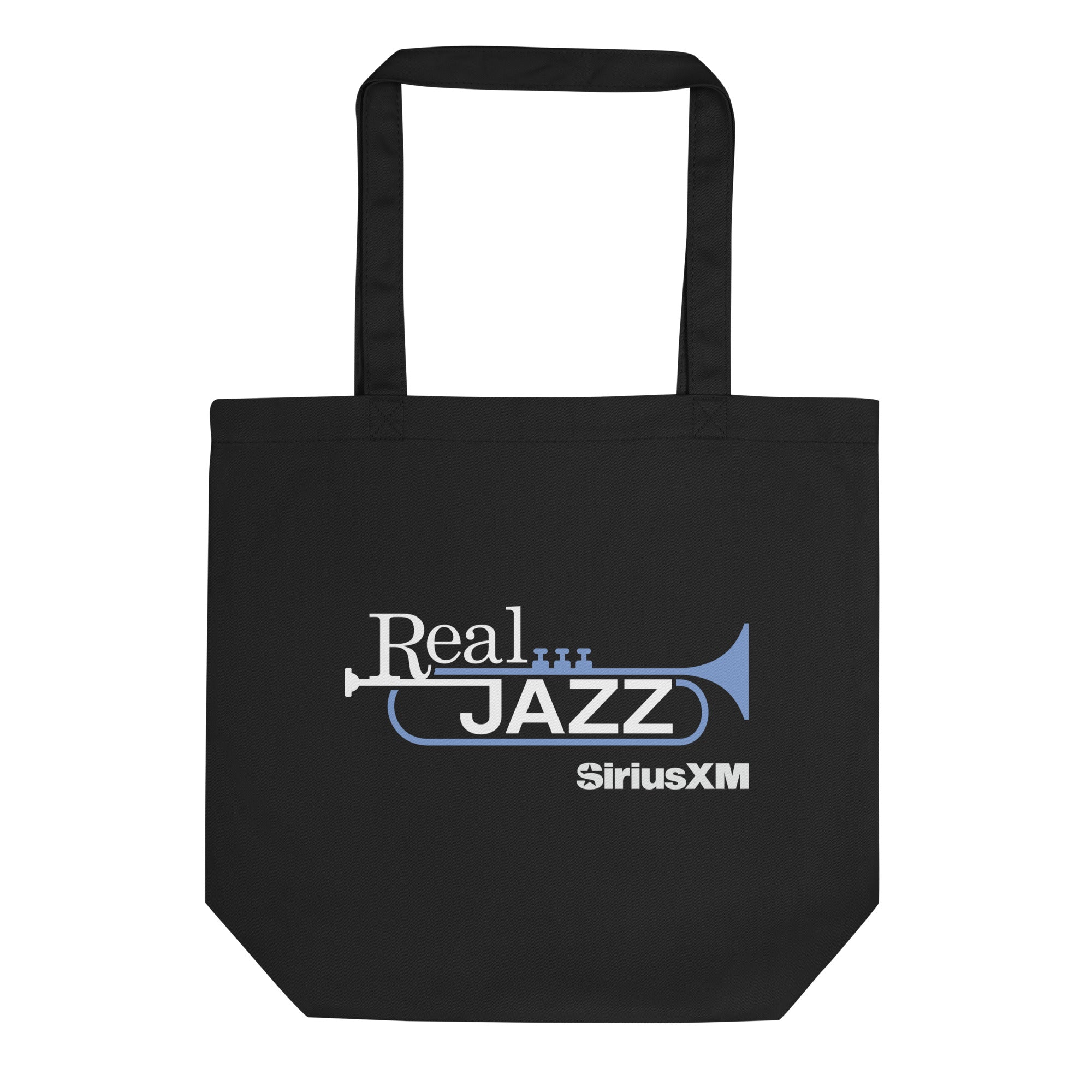 Black tote bag featuring 'Real JAZZ' text in white and light blue and a trumpet graphic, alongside the 'SiriusXM' logo.