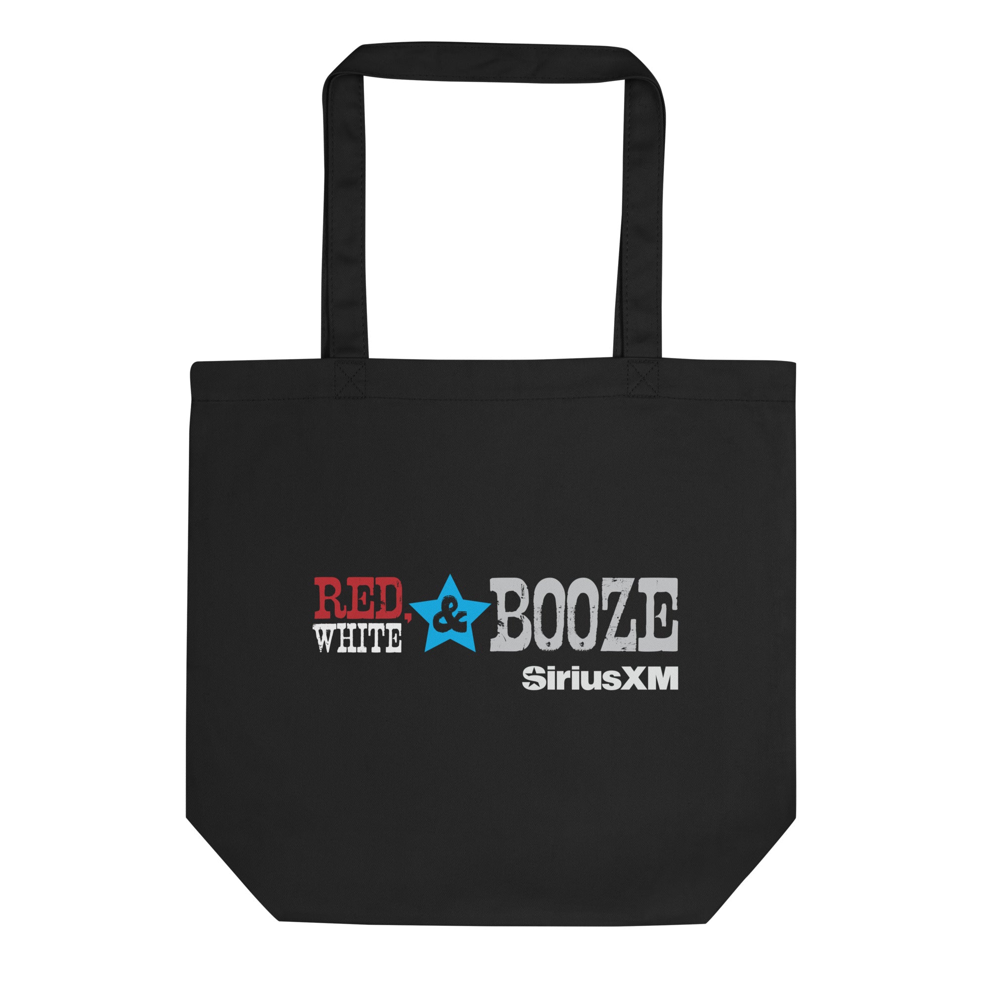 Black tote bag featuring the text 'RED, WHITE & BOOZE SiriusXM' in bold, colorful typography.