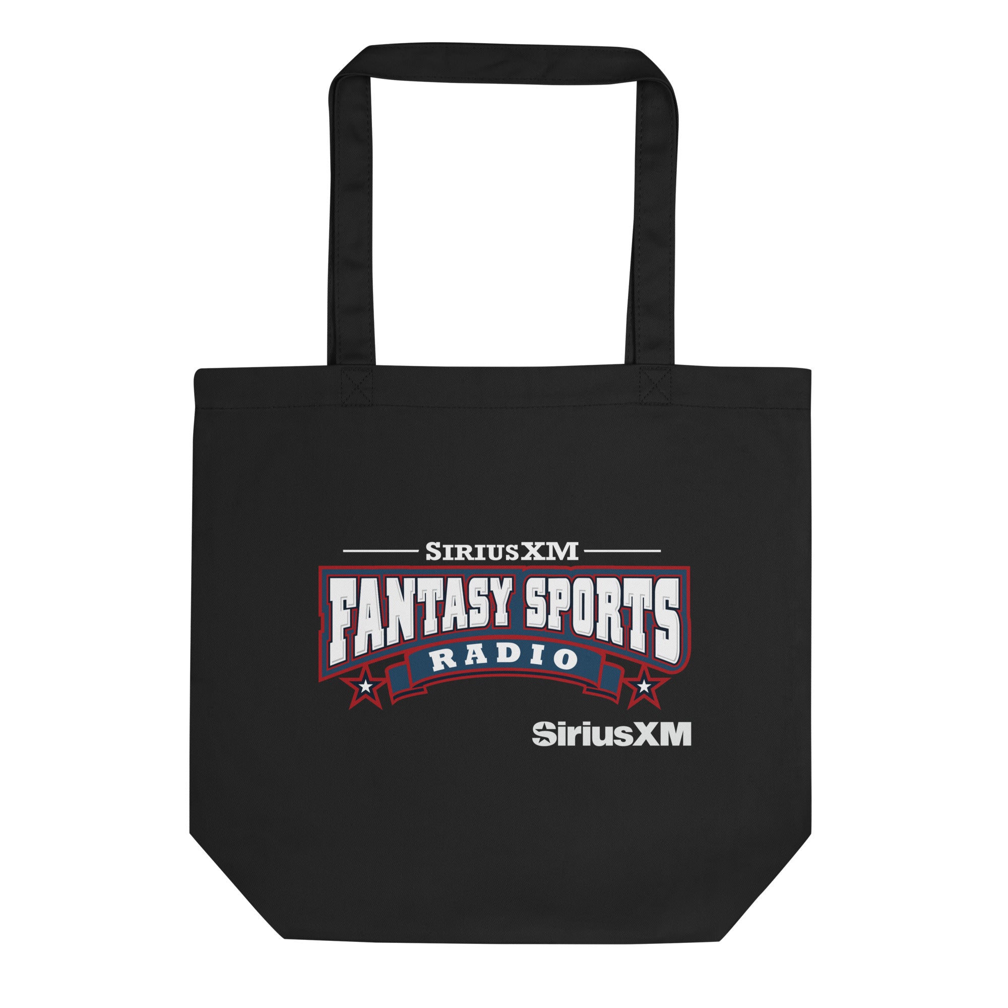 Black tote bag featuring 'SiriusXM Fantasy Sports Radio' logo and 'SiriusXM' branding.