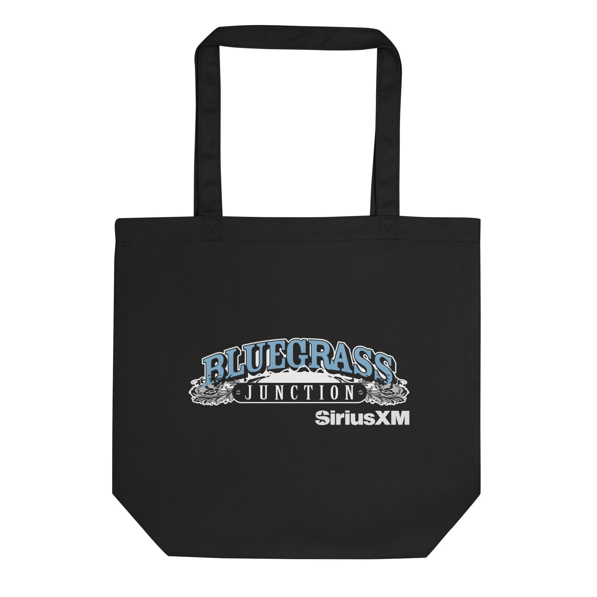 Black tote bag featuring 'Bluegrass Junction' and 'SiriusXM' logo design.