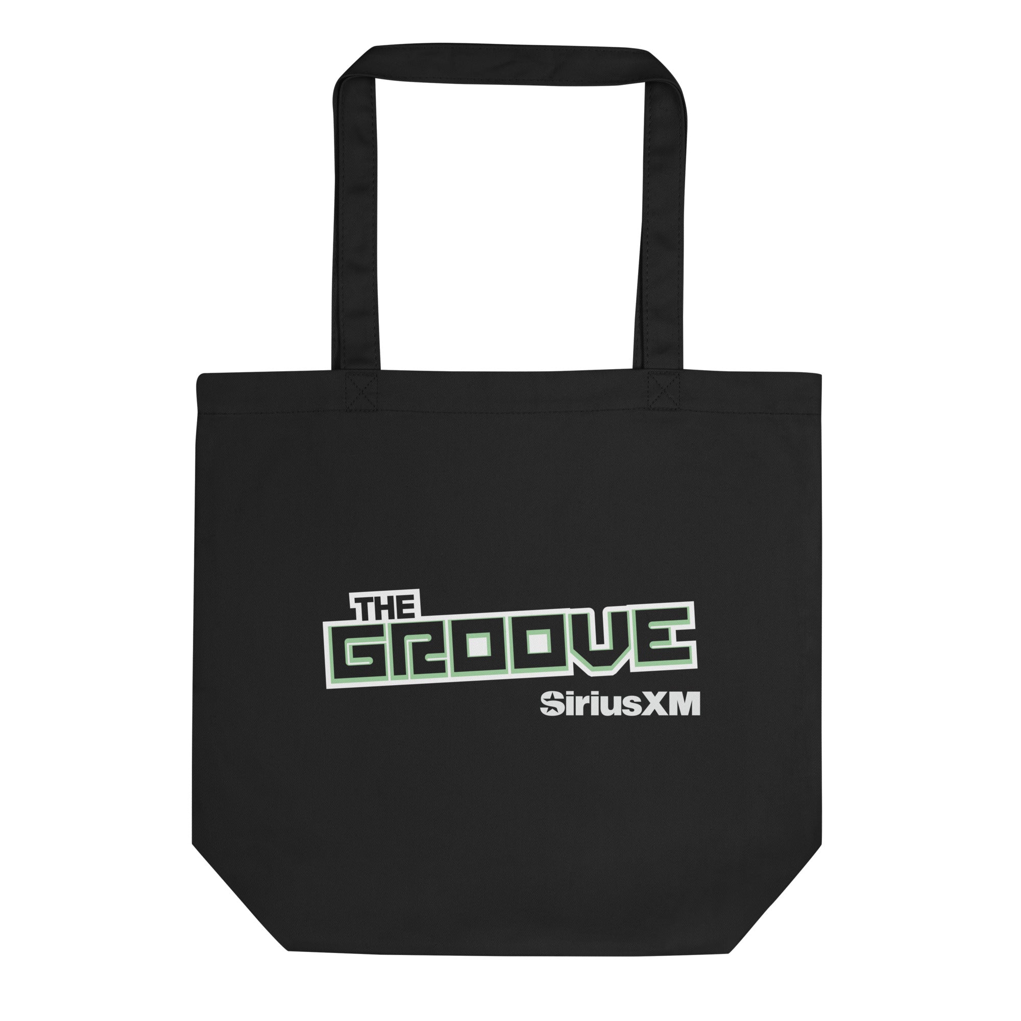 Black tote bag featuring 'THE GROOVE' and 'SiriusXM' logos in green and white.