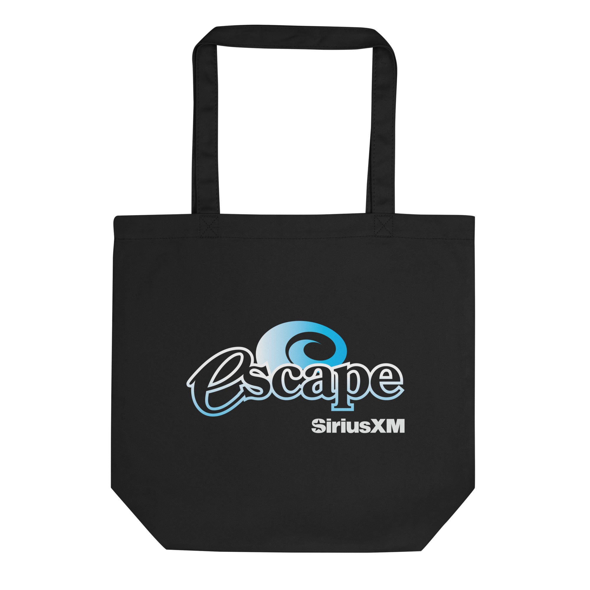Black tote bag featuring the word 'escape' logo and 'SiriusXM' branding in blue and white stylized text.