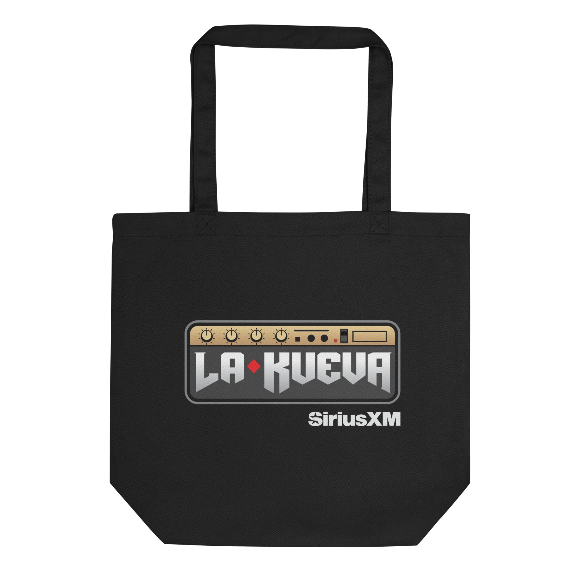 Black tote bag featuring 'LA KUEVA' logo and 'SiriusXM' branding.