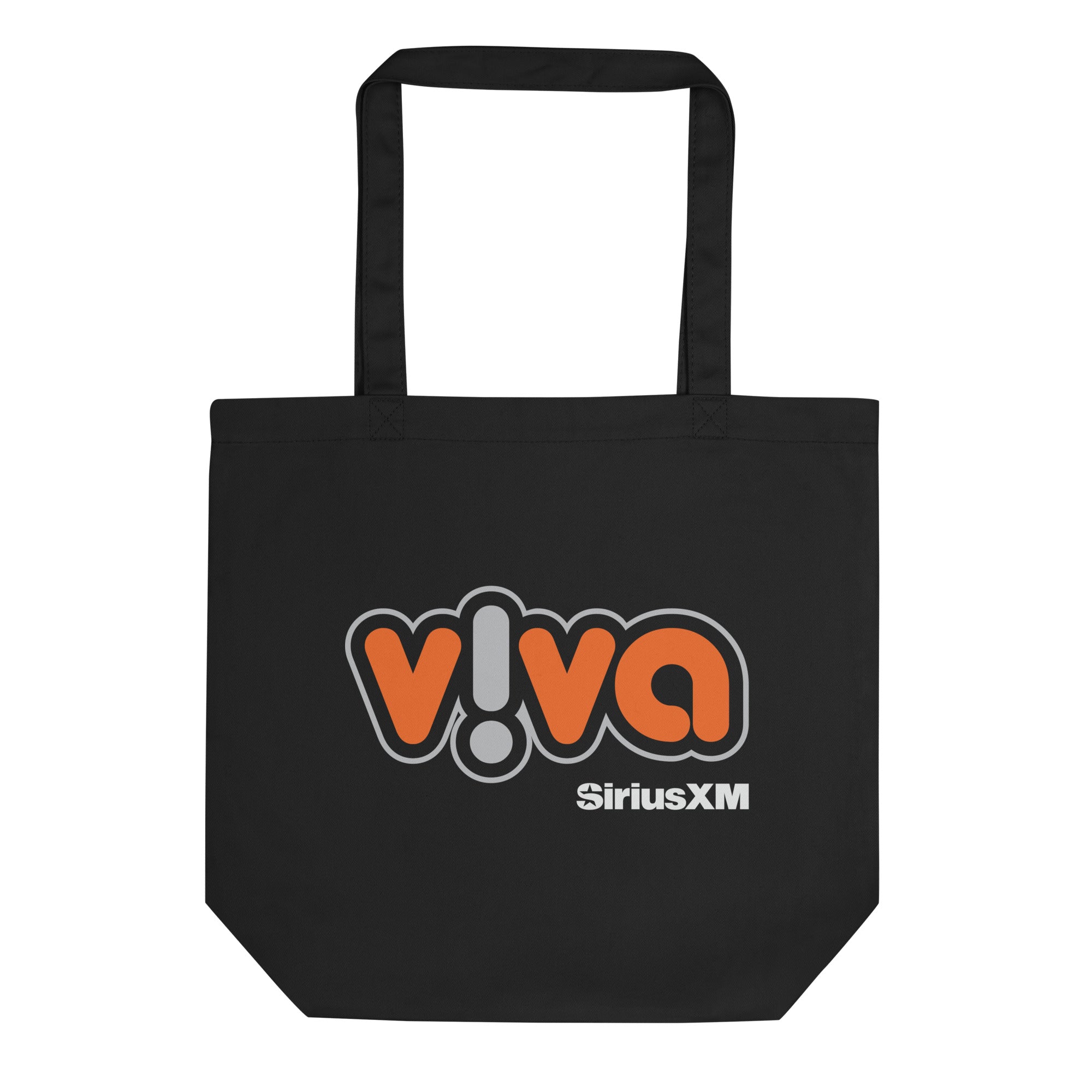 Black tote bag featuring the 'v!va' logo in orange and gray, with 'SiriusXM' text below.