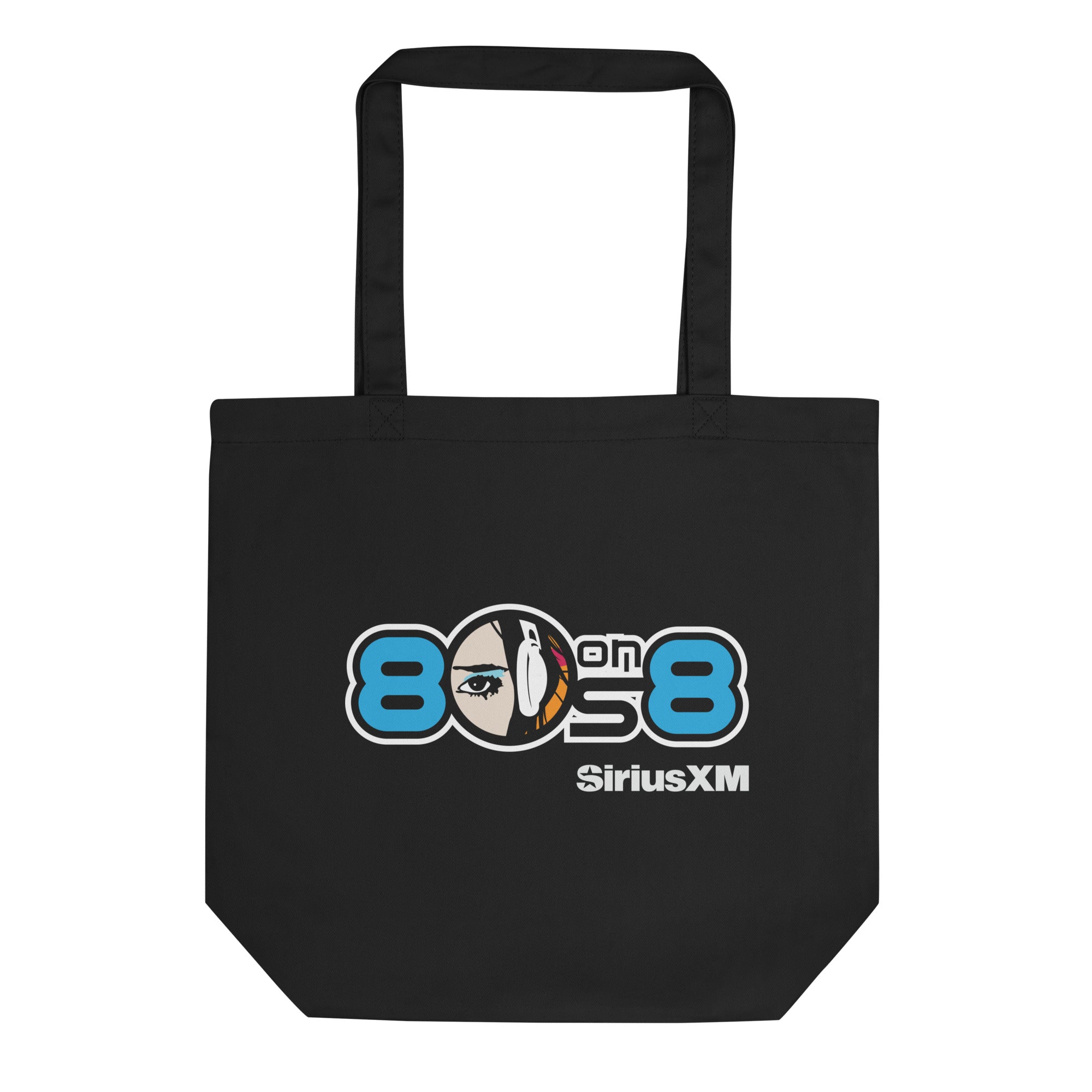 Black tote bag featuring '80s on 8' logo and 'SiriusXM' branding with a stylized face and headphones design.