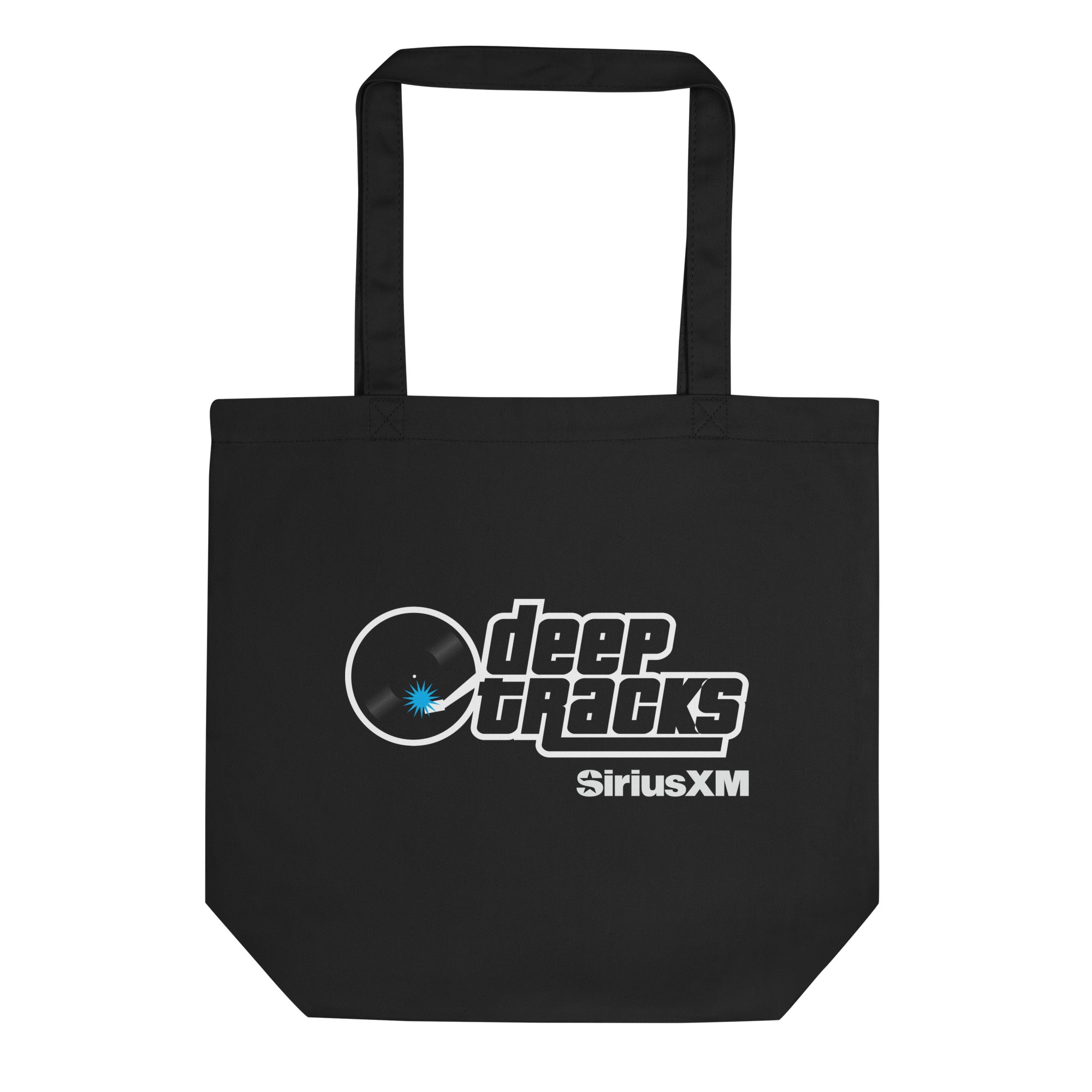 Black tote bag featuring the 'deep tracks' logo and 'SiriusXM' branding.