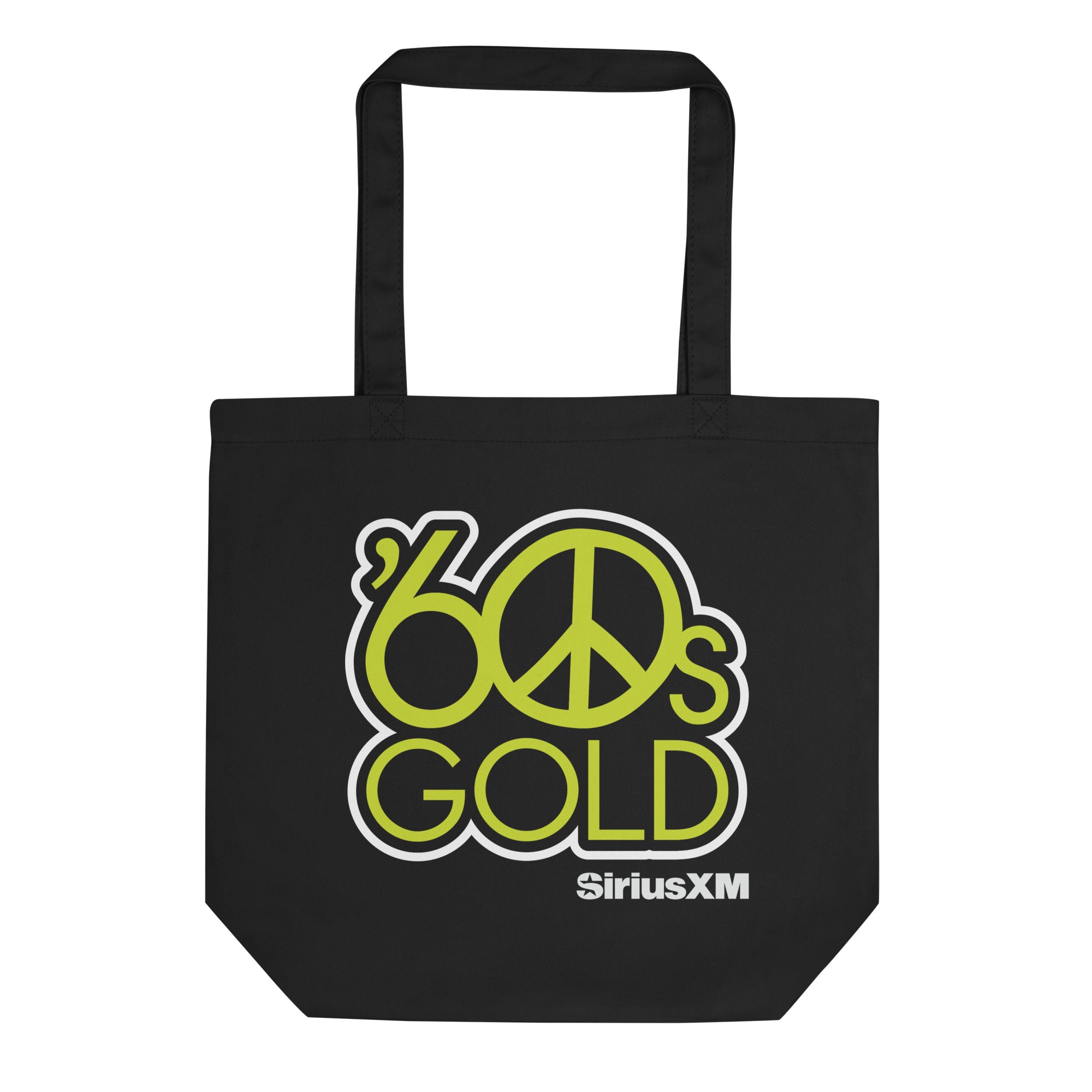 Black tote bag featuring '60s Gold' logo with peace symbol and 'SiriusXM' branding.