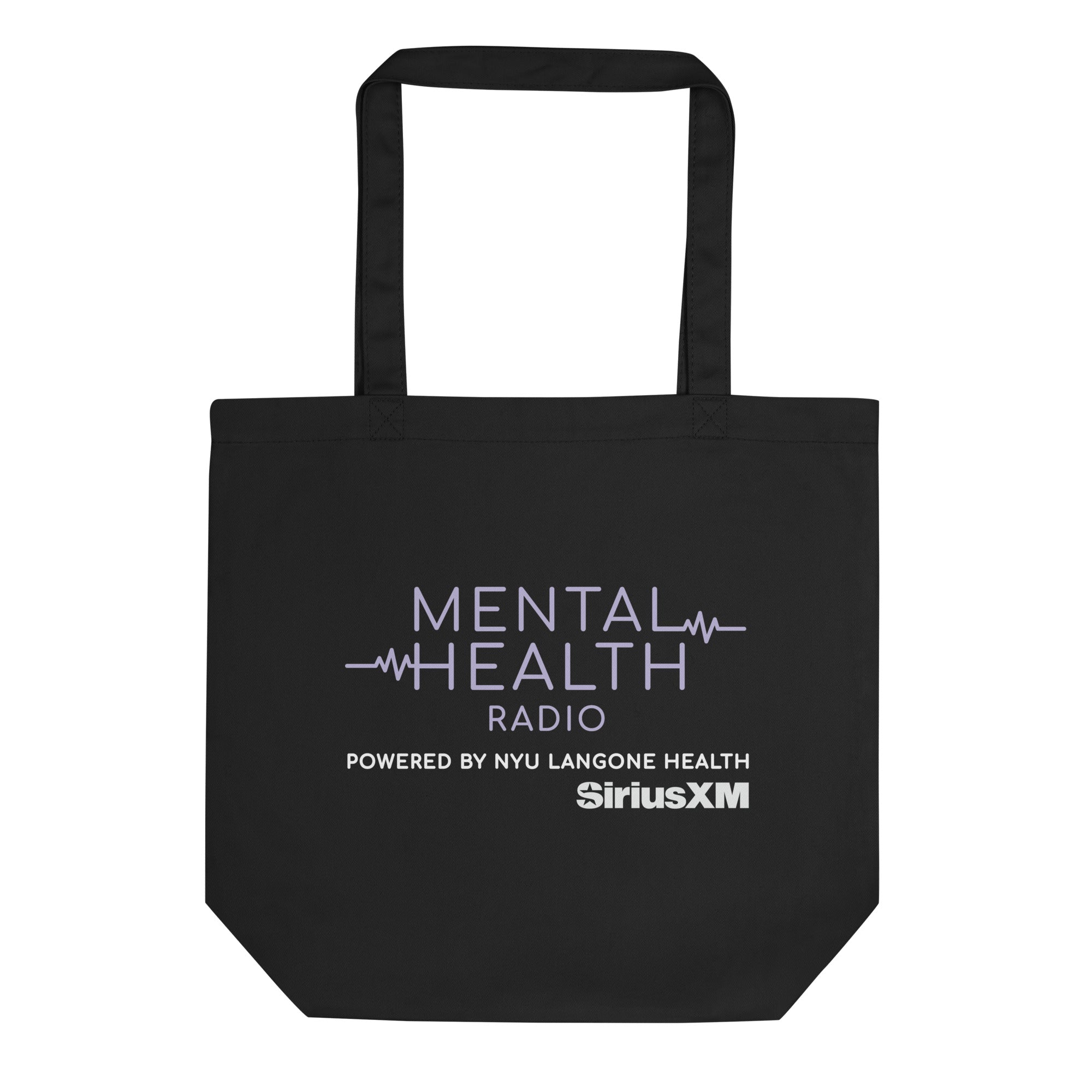 Black tote bag with 'MENTAL HEALTH RADIO' text in light purple, 'powered by NYU Langone Health' and 'SiriusXM' logo.