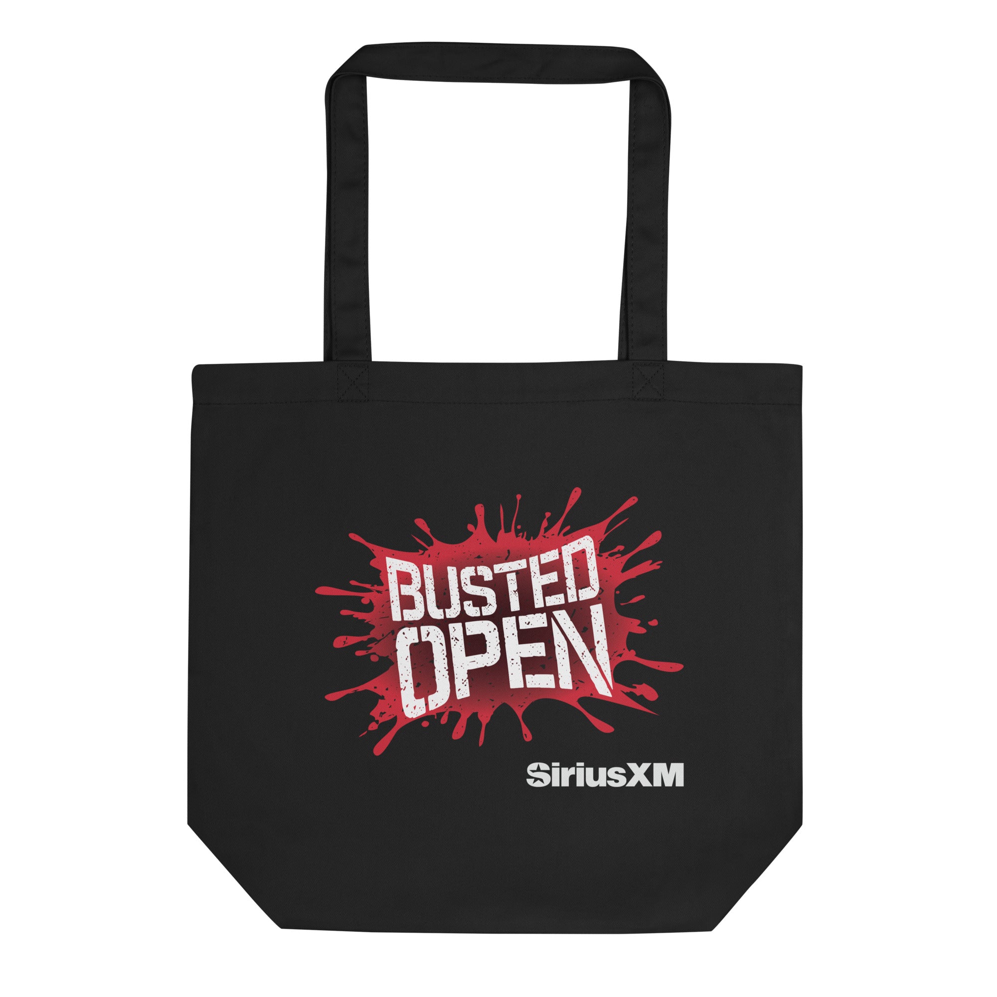 Black tote bag featuring the phrase 'BUSTED OPEN' with a splatter design and 'SiriusXM' logo below.