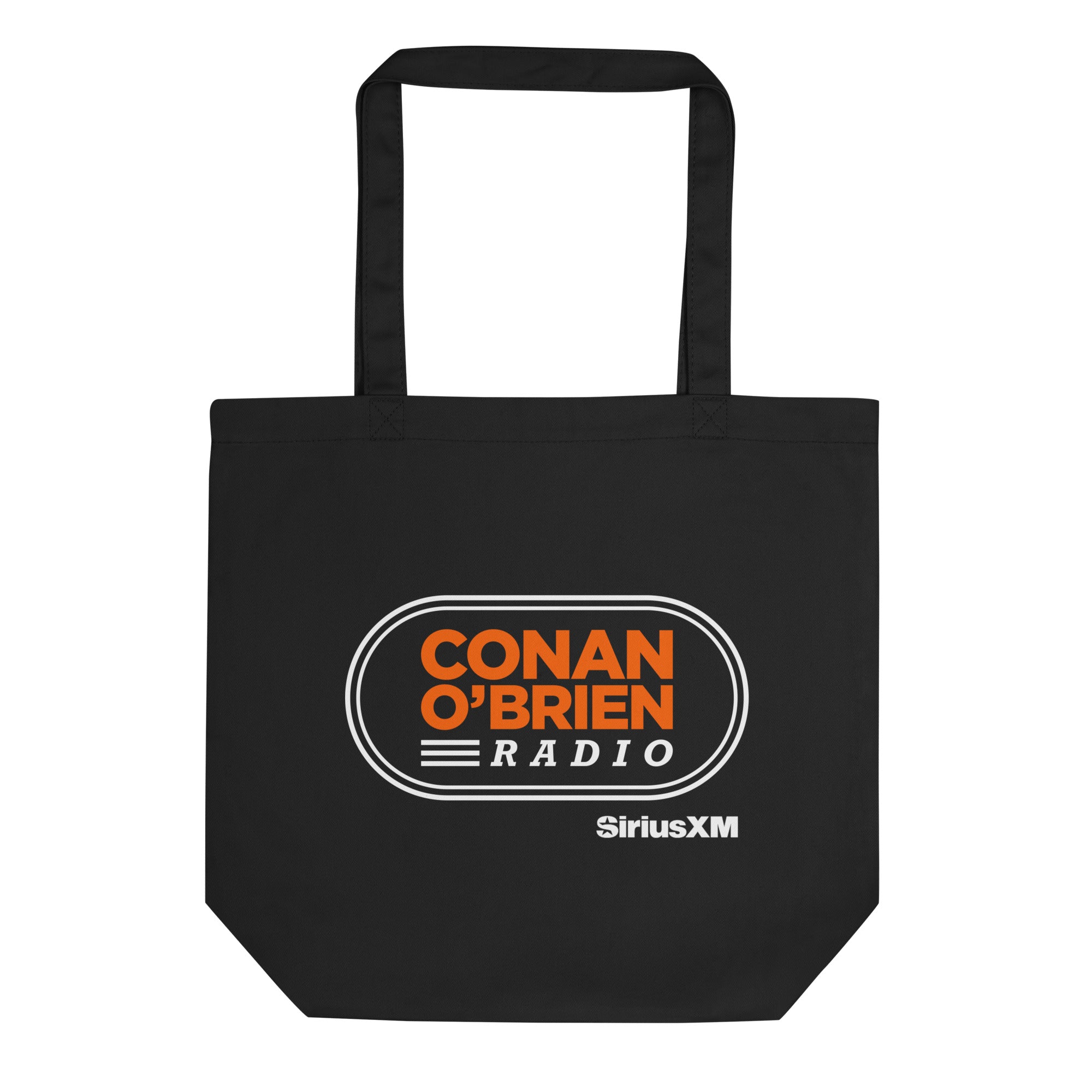 Black tote bag featuring 'CONAN O'BRIEN RADIO' in orange and white, with 'SiriusXM' logo on the bottom.