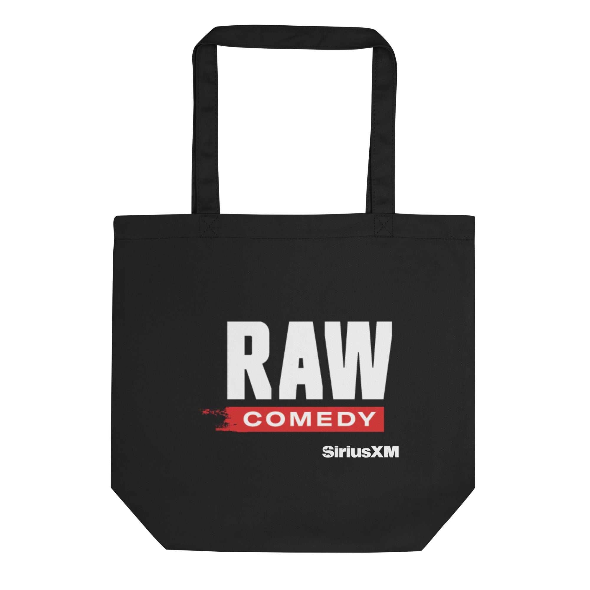 Black tote bag with 'RAW COMEDY' in bold white and red text, and 'SiriusXM' logo.
