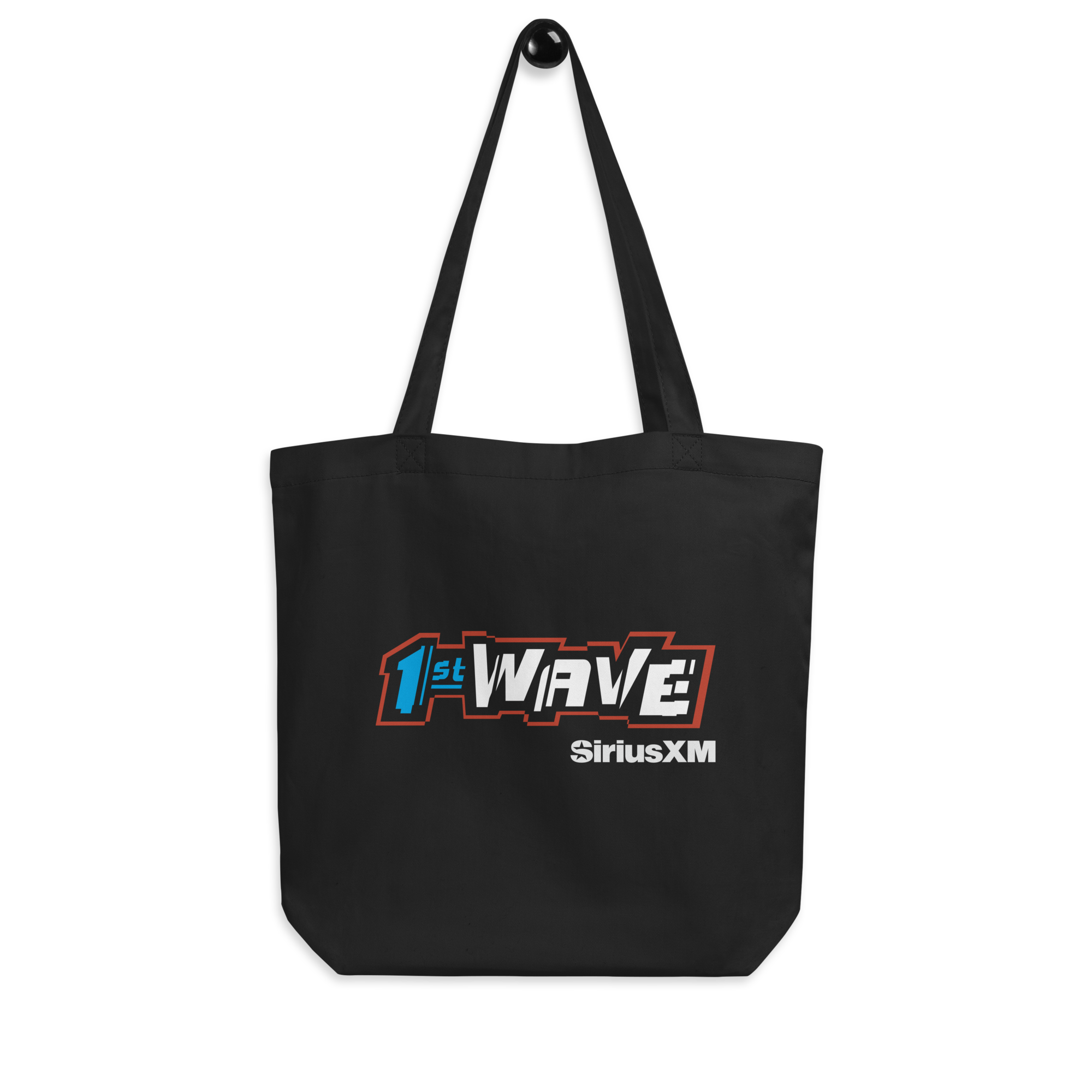 Black tote bag featuring '1st WAVE' in bold, white and blue letters and red outline. 'SiriusXM' logo in white.