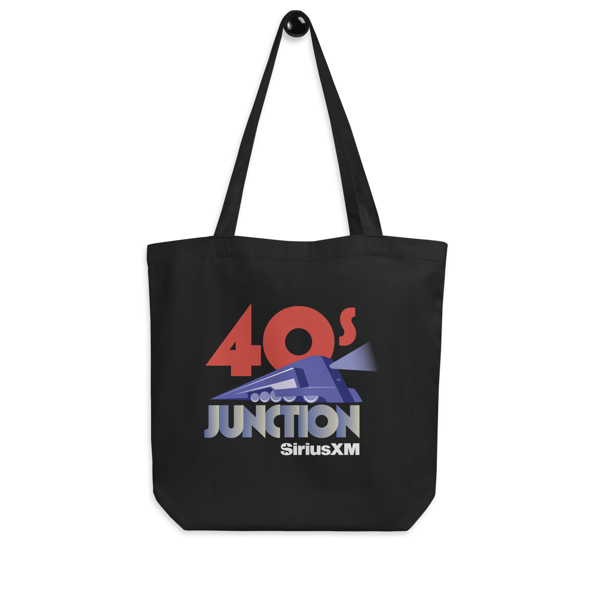 Black tote bag with retro-style graphic featuring '40's Junction' and a blue train design, alongside the 'SiriusXM' logo, on black background.