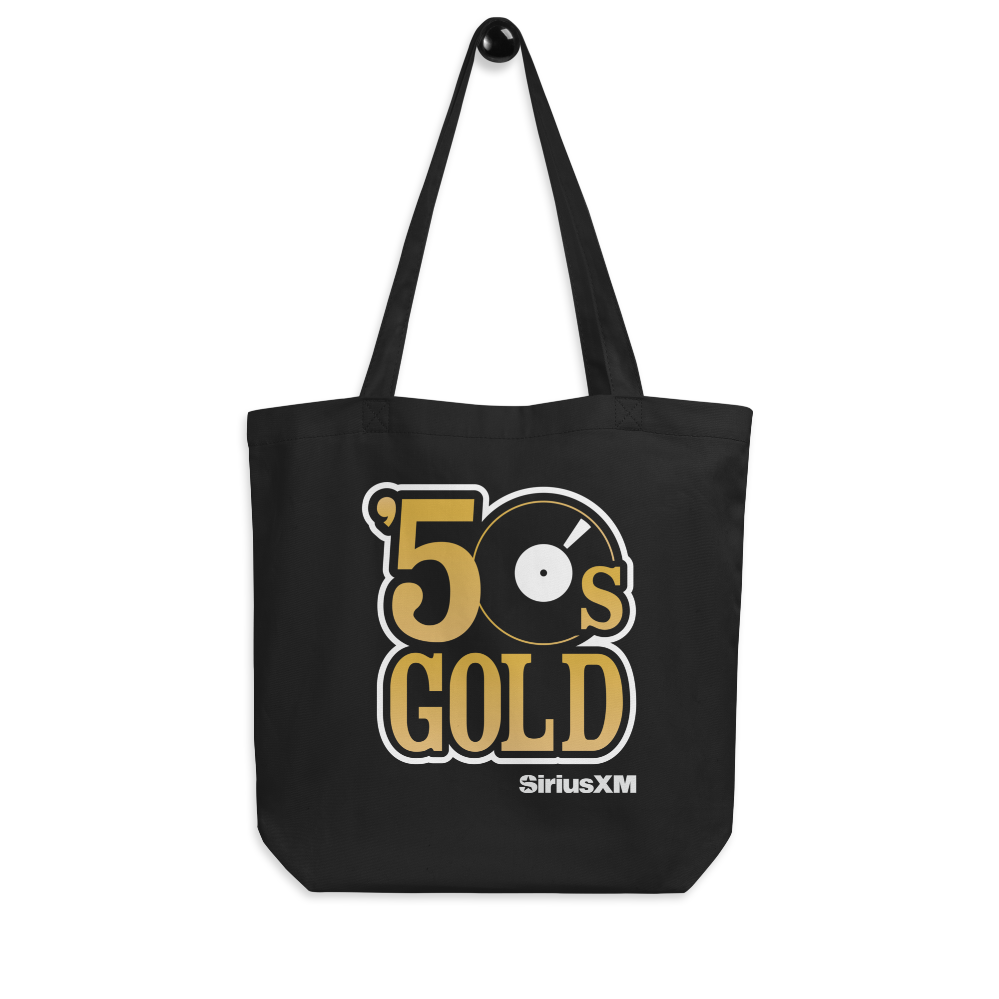 Black tote bag with '50s GOLD and 'SiriusXM' logo in gold and white text.
