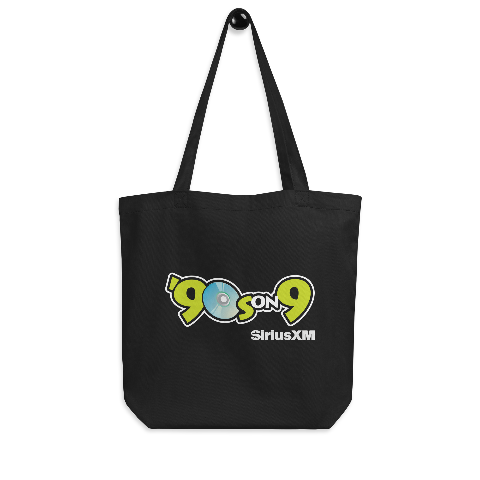 Black tote bag featuring the logo of 'SiriusXM's '90s On 9' radio station in light blue and vivid green.