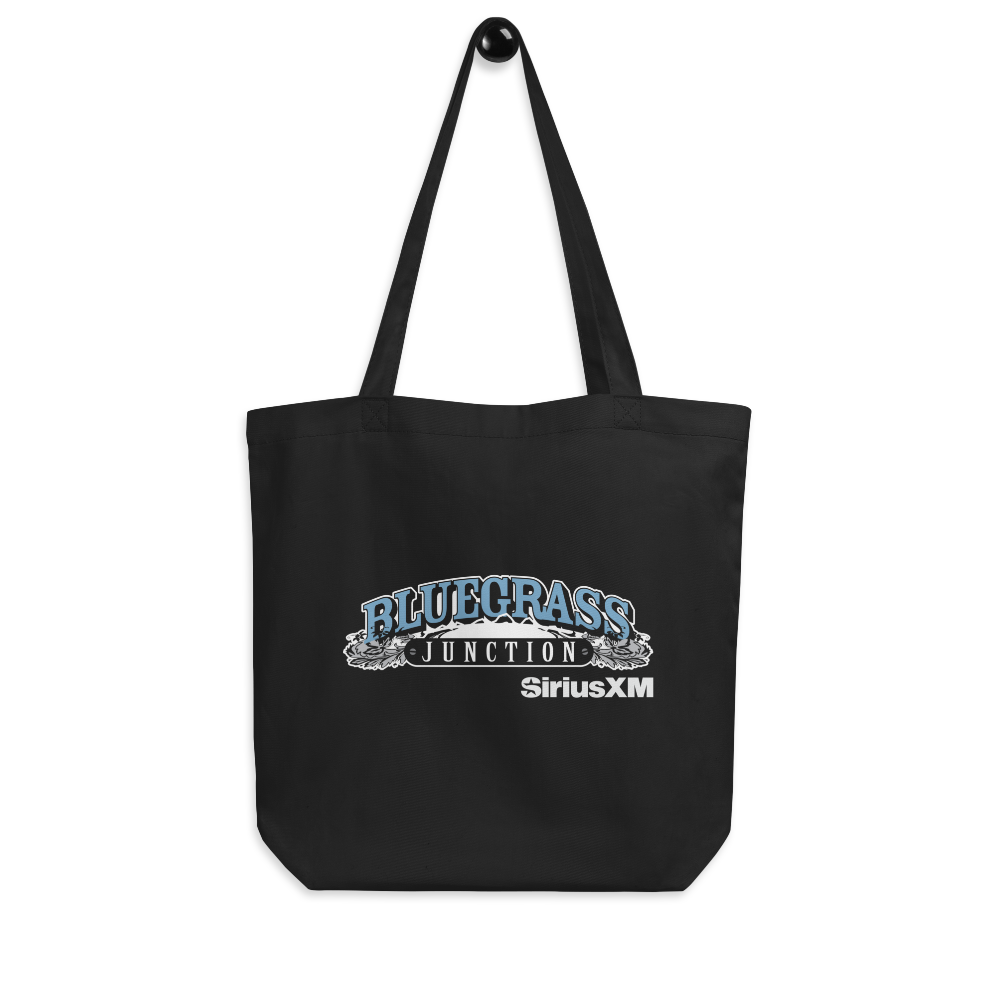 Black tote bag featuring 'Bluegrass Junction' logo in blue and what and 'SiriusXM' smaller in white.