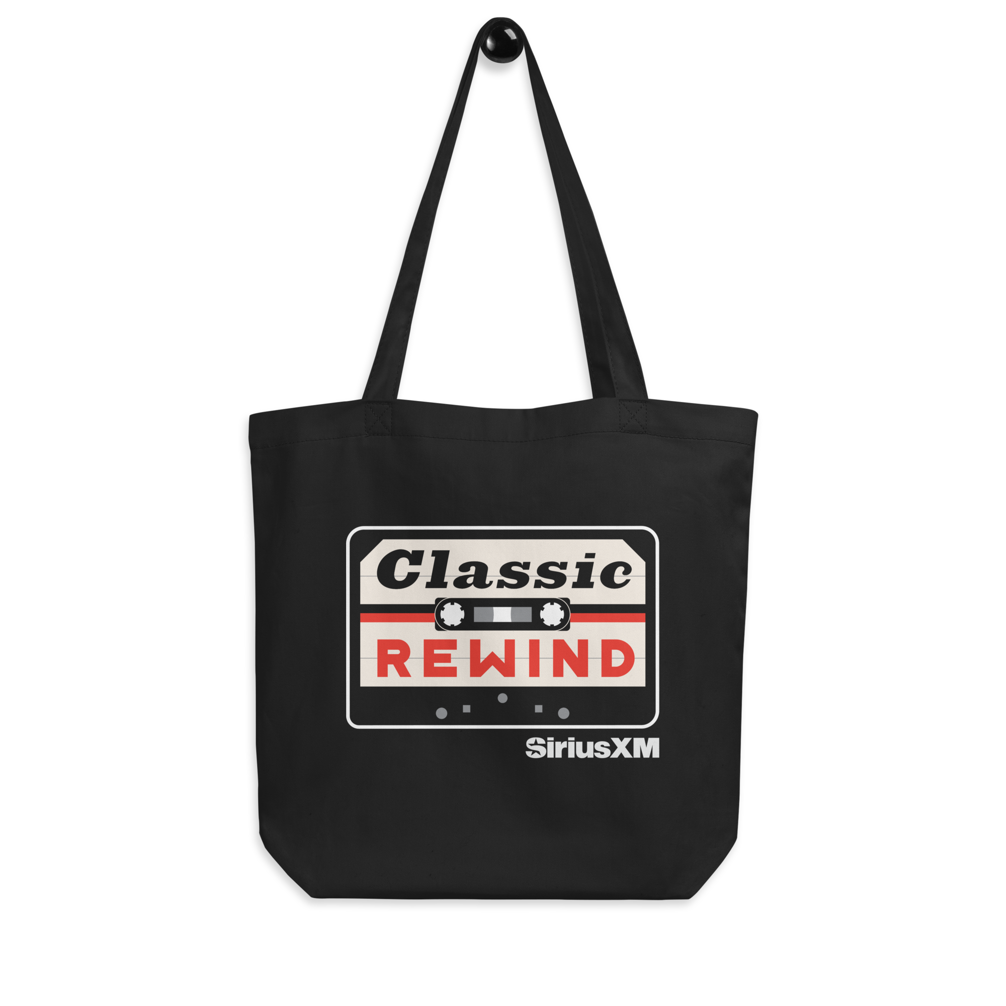Black tote bag featuring a cassette tape design with 'Classic Rewind' and 'SiriusXM' logo in white underneath.
