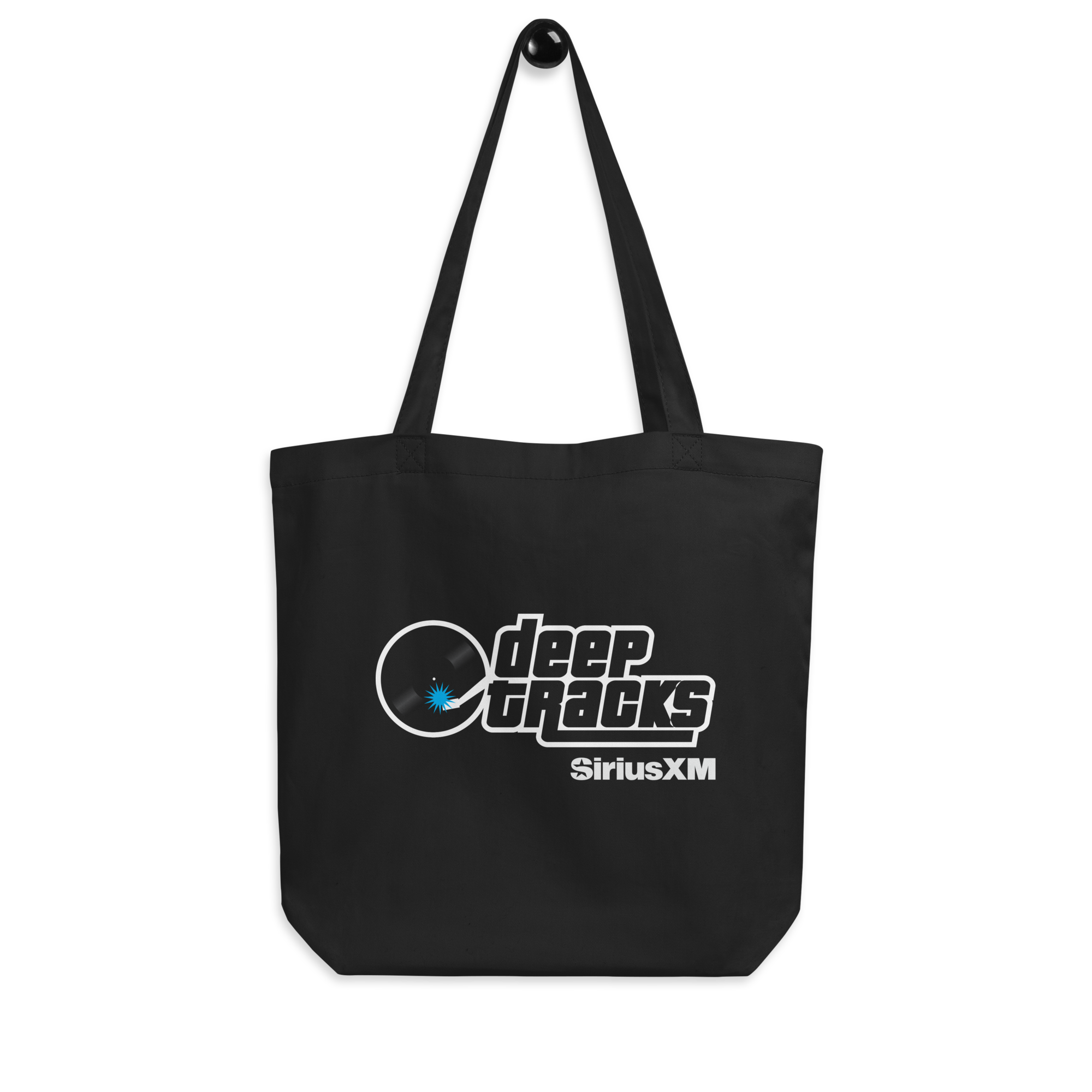 Black tote bag featuring 'deep tracks' and 'SiriusXM' logos with a vinyl record design.