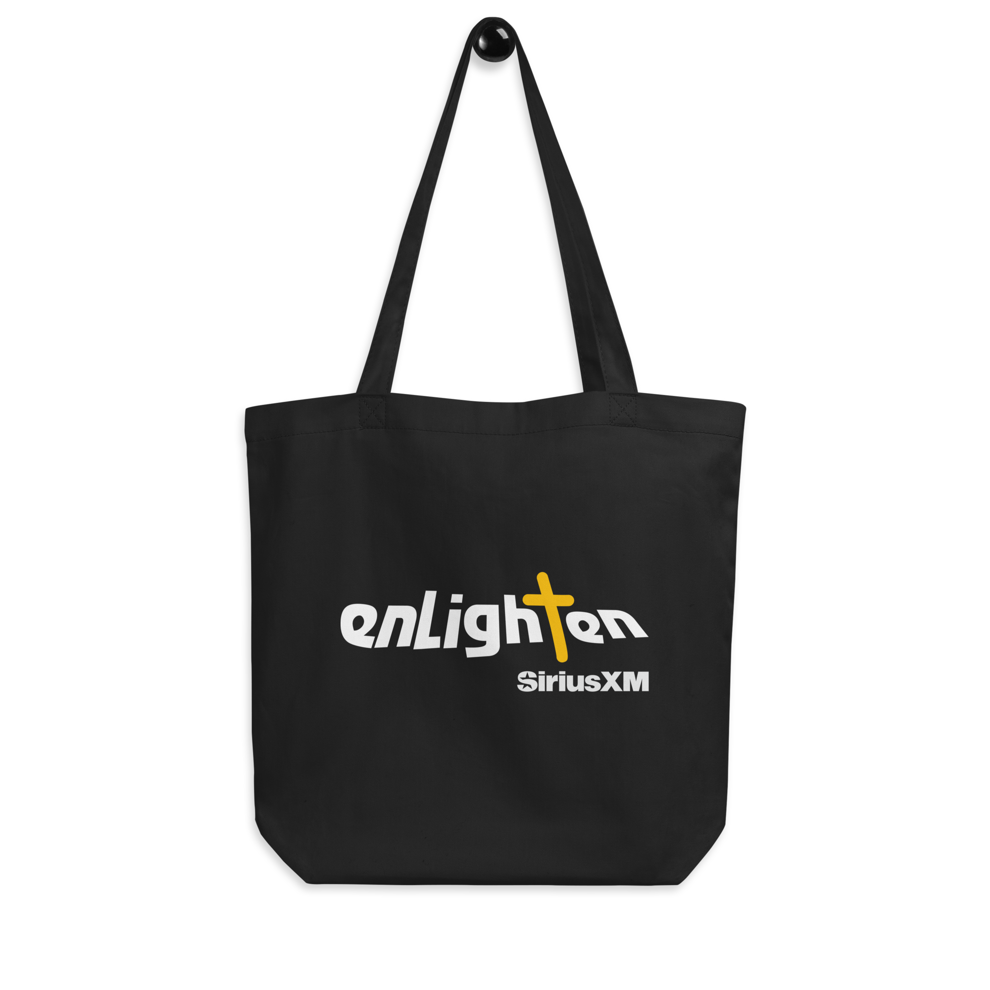 Black tote bag featuring 'enLighten' with a yellow cross and 'SiriusXM' underneath.