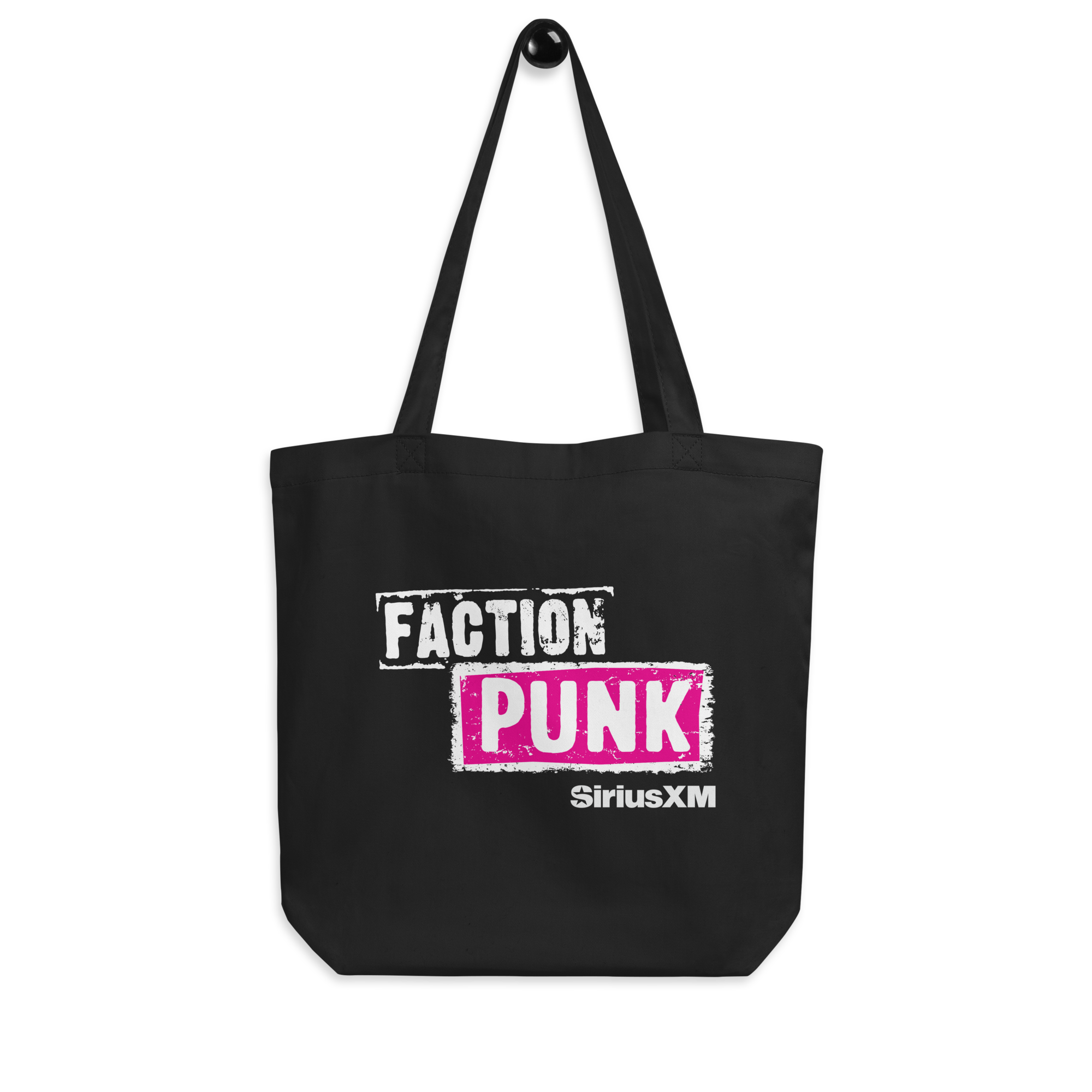 Black tote bag featuring the text 'FACTION PUNK' in white and pink, alongside the SiriusXM logo.