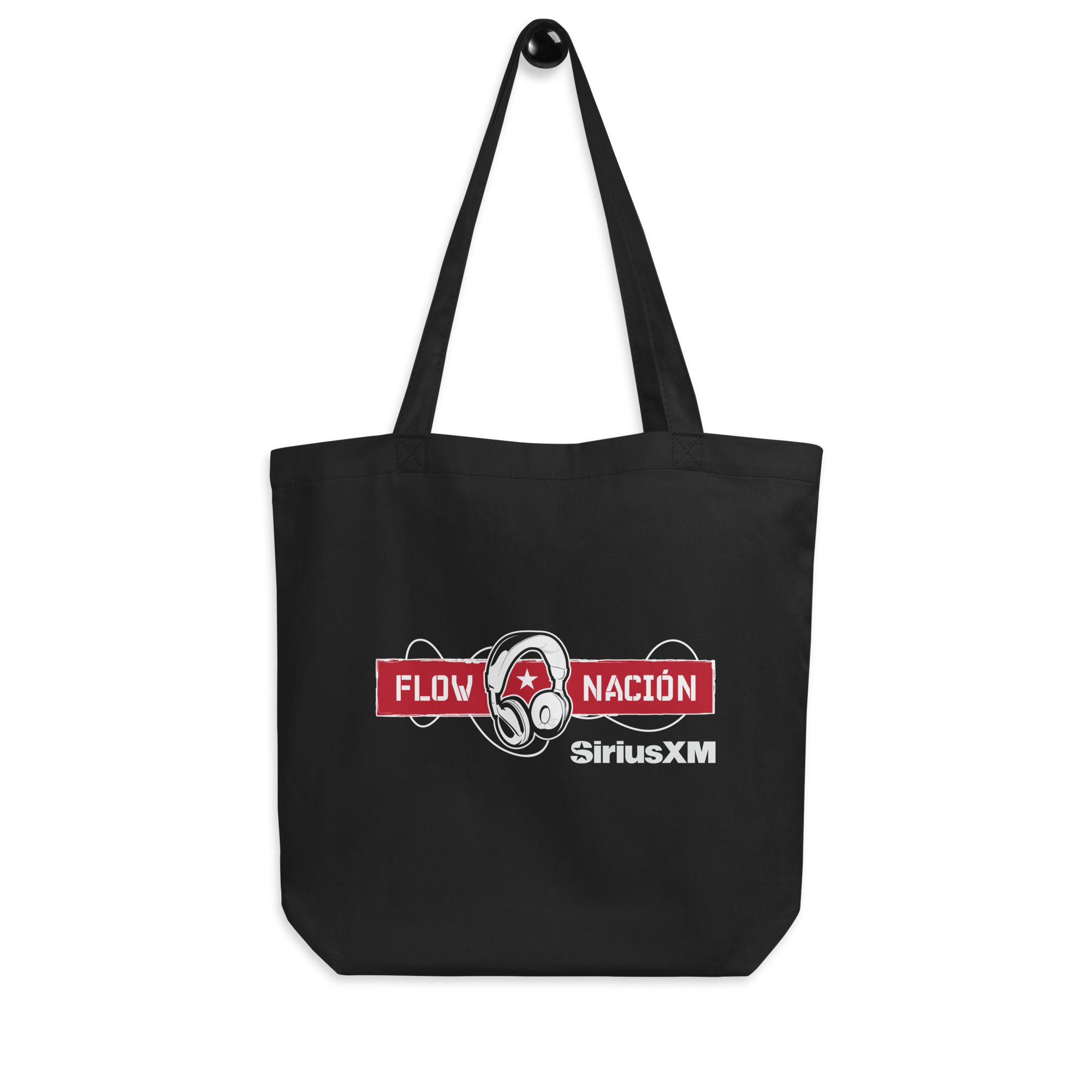 Black tote bag featuring the logo 'FLOW NACIÓN' in red and white and 'SiriusXM' with a graphic of headphones.