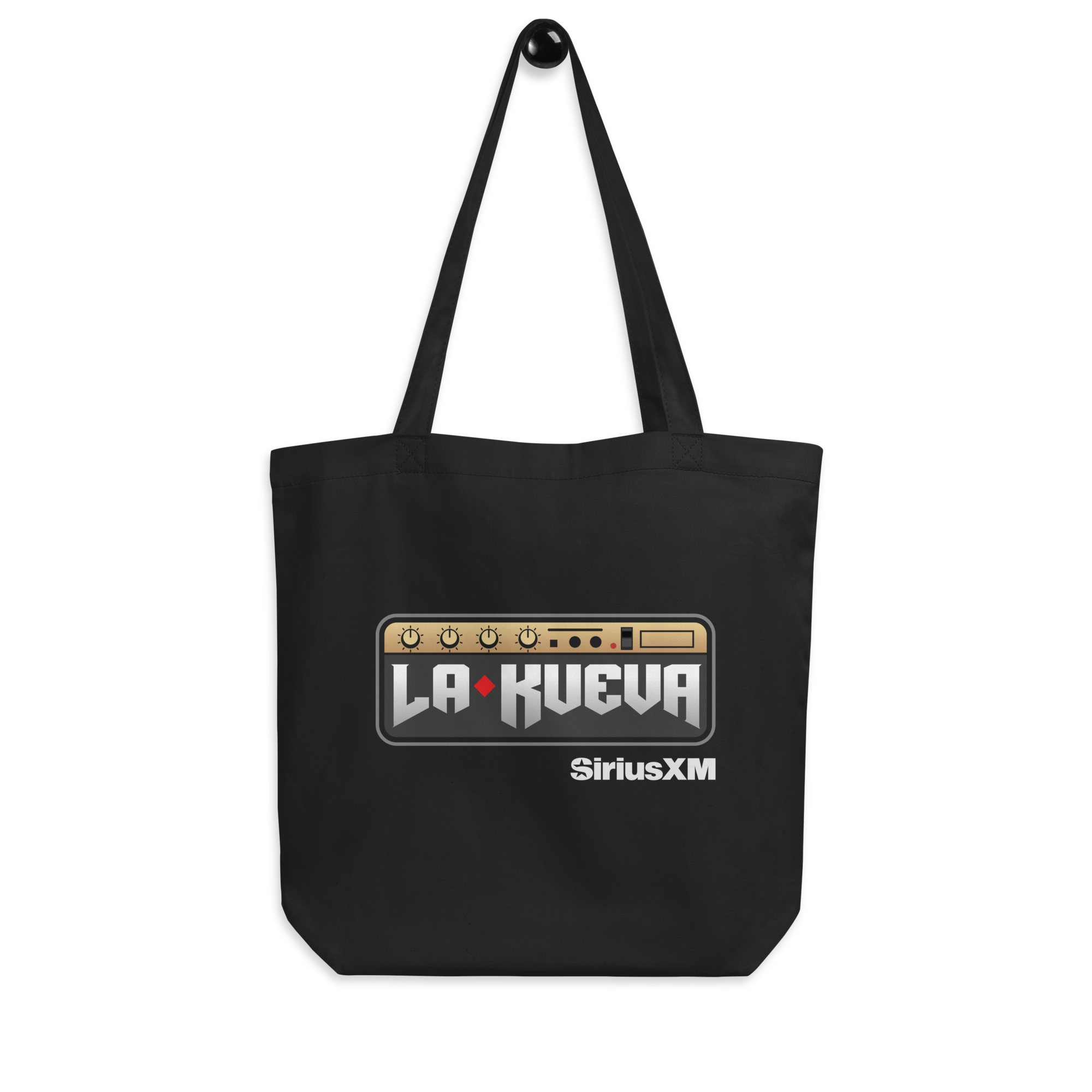 Black tote bag featuring 'LA KUEVA' logo and 'SiriusXM' branding, on black background.