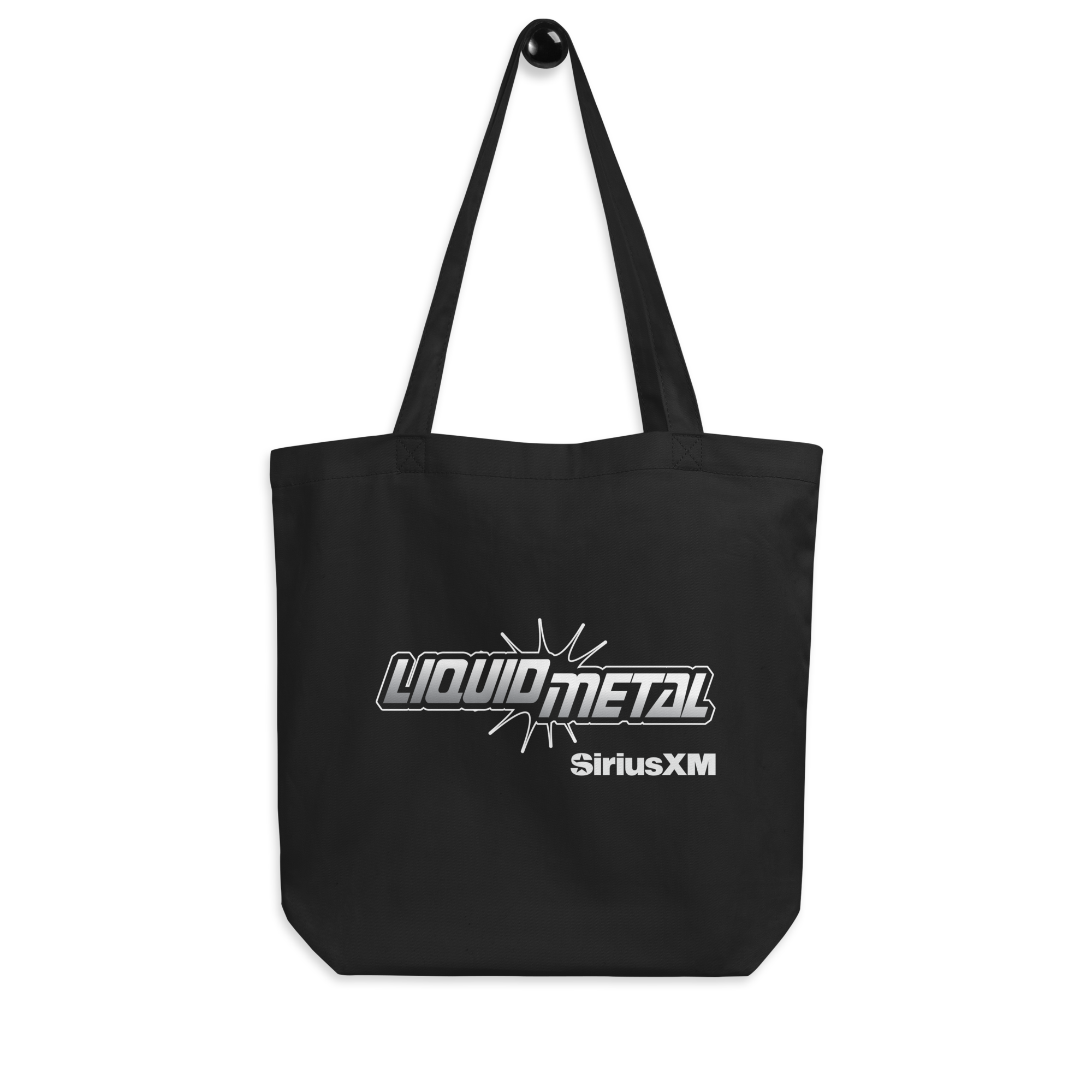 Black tote bag featuring the 'LIQUID METAL' logo in black and white and 'SiriusXM' text in white.