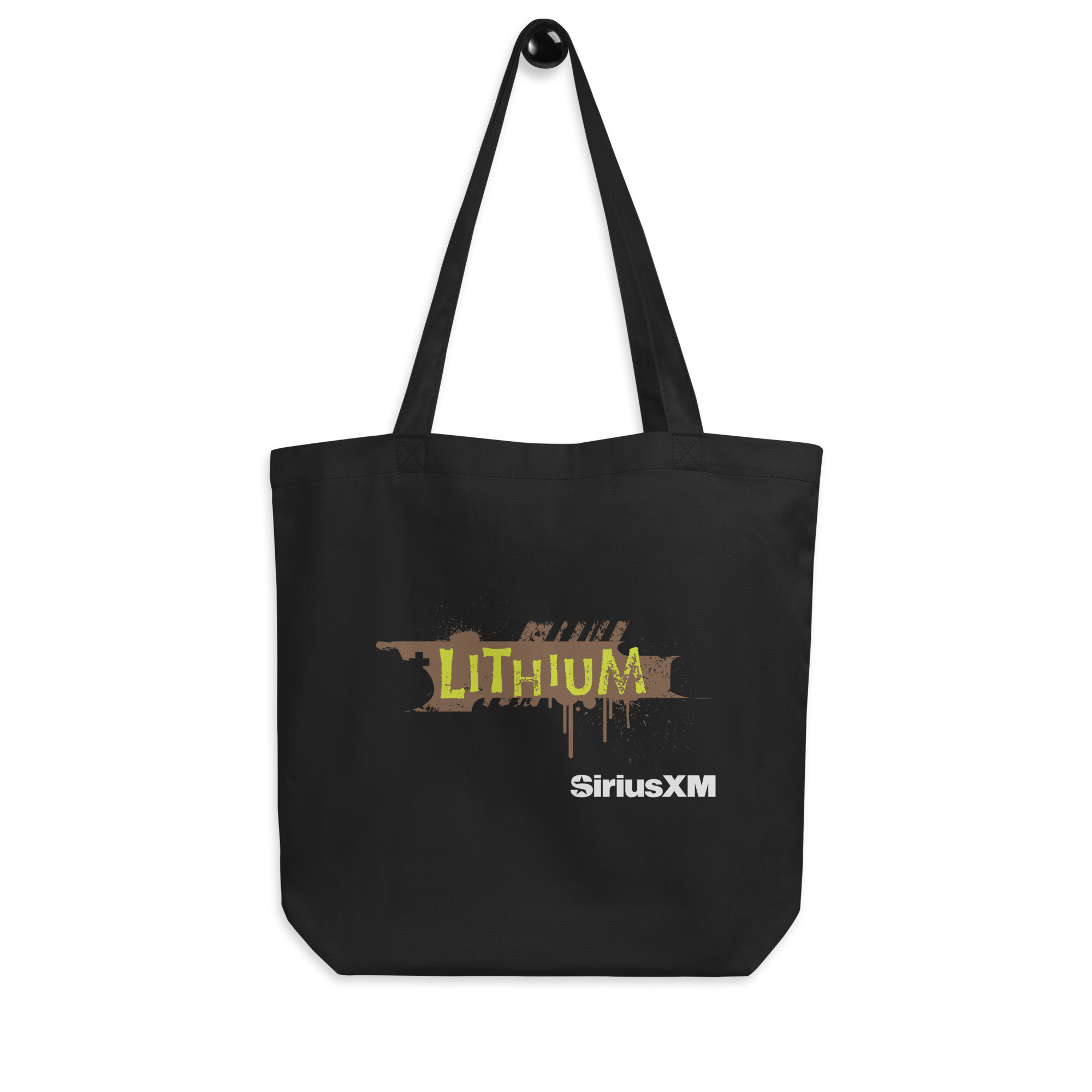 Black tote bag featuring 'LITHIUM' in gold and brown and 'SiriusXM' logos.