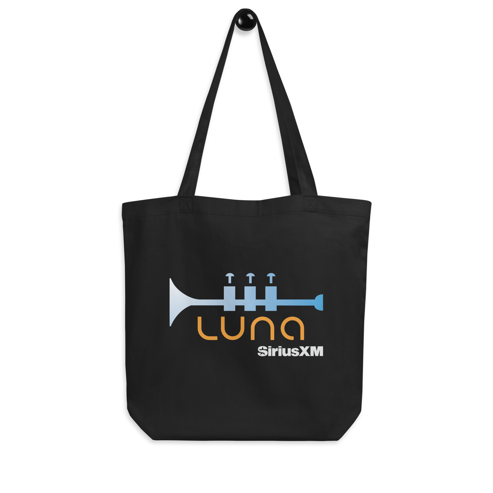 Black tote bag featuring the words 'LUNA' in orange and 'SiriusXM' in white with a trumpet graphic in blue.