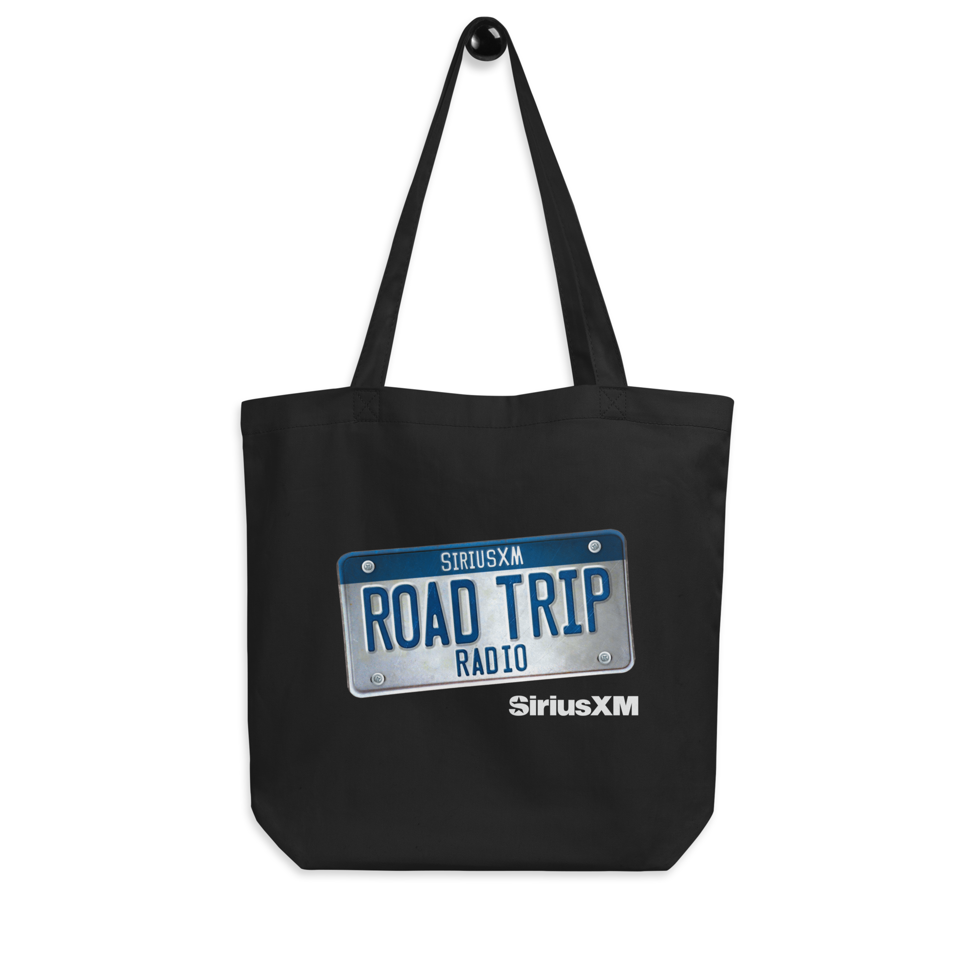 Black tote bag featuring a license plate design in blue and white with 'SiriusXM Road Trip Radio.'