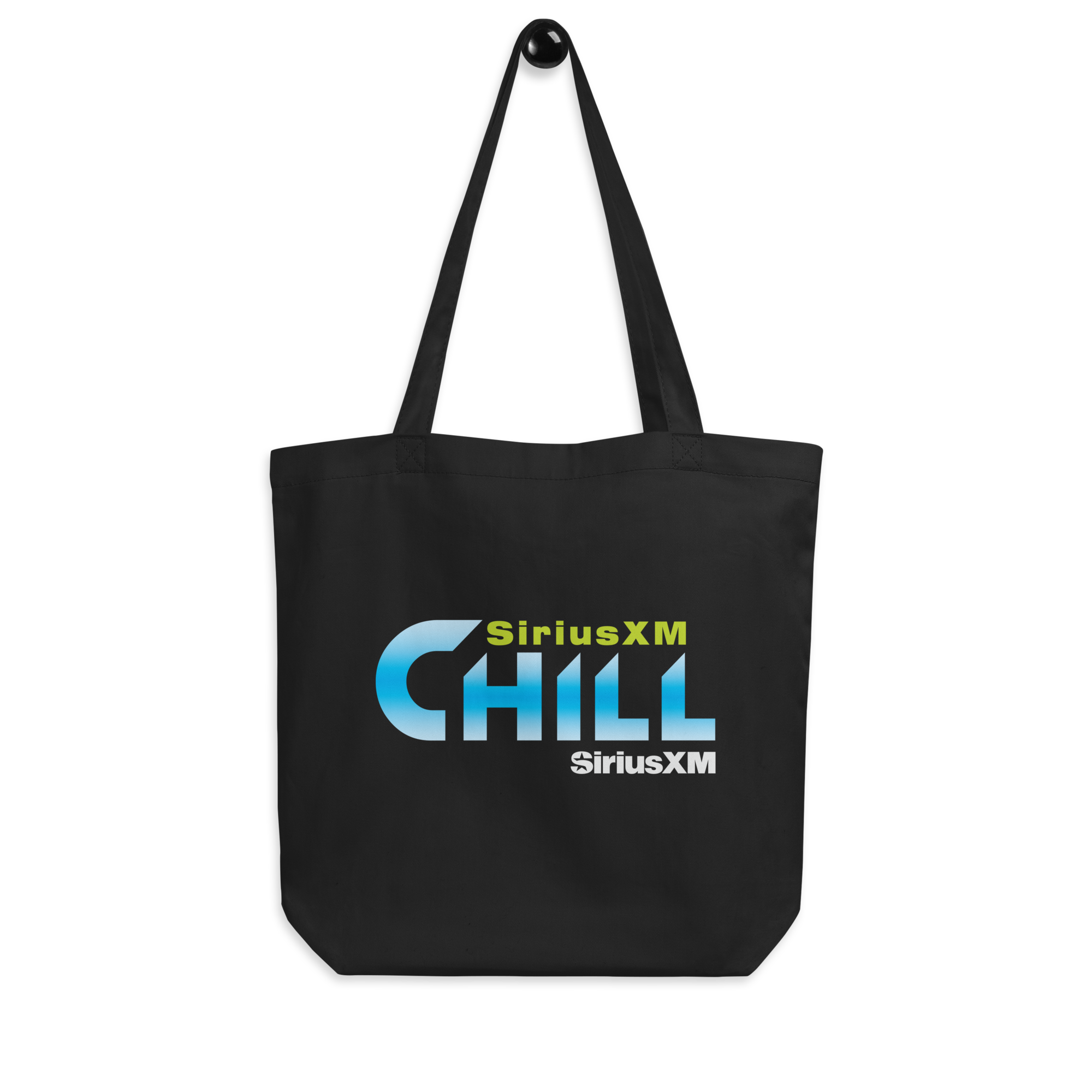 Black tote bag with 'SiriusXM CHILL' logo in blue and green text.