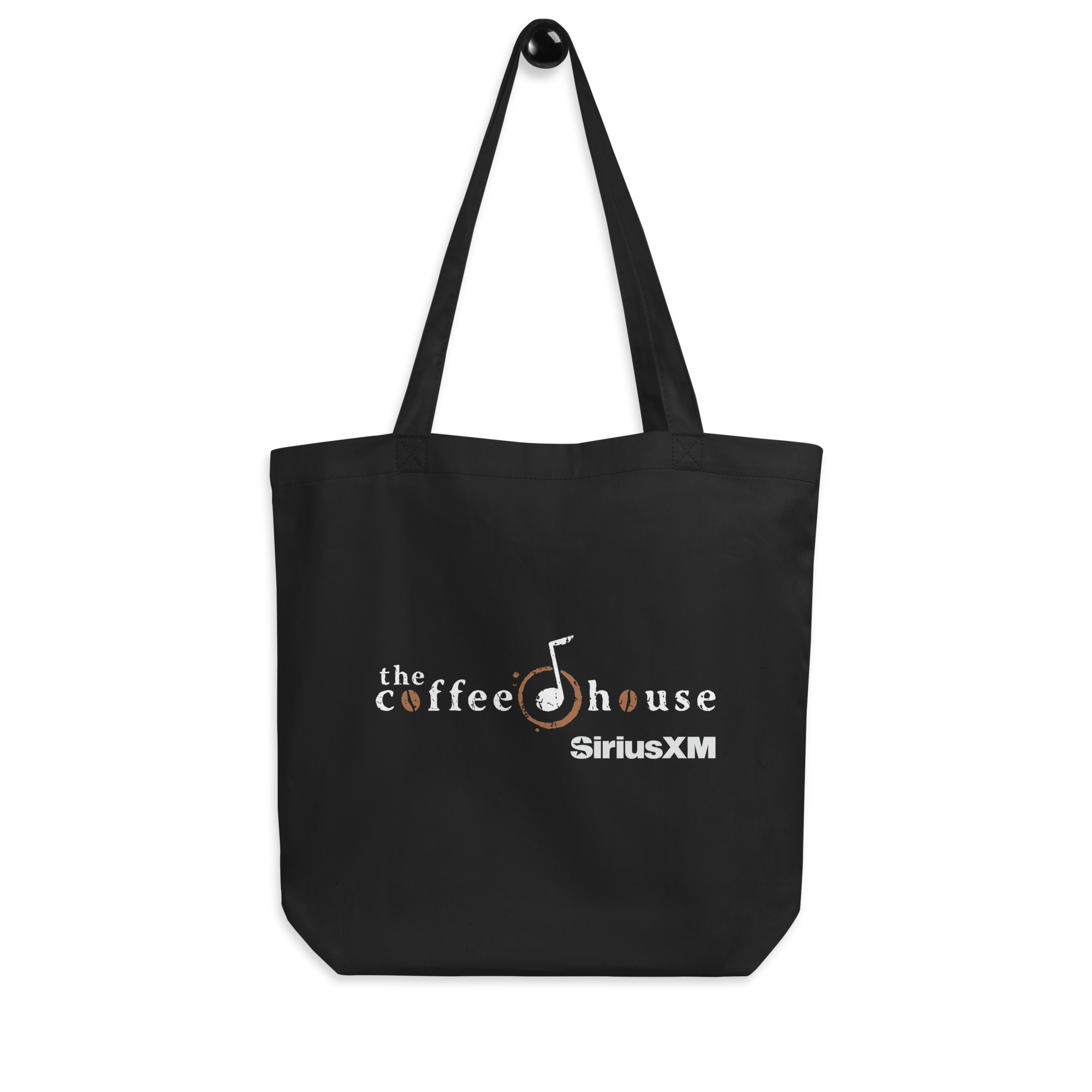 Black tote bag featuring 'the coffee house' logo featuring a musical note and coffee bean and 'SiriusXM' branding in white.