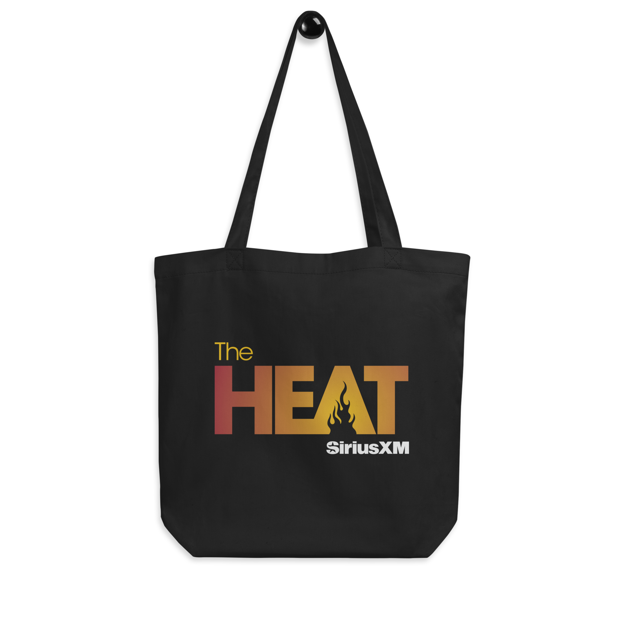 Black tote bag featuring 'The HEAT' logo with flames in orange to yellow gradient and 'SiriusXM' logo underneath in white.