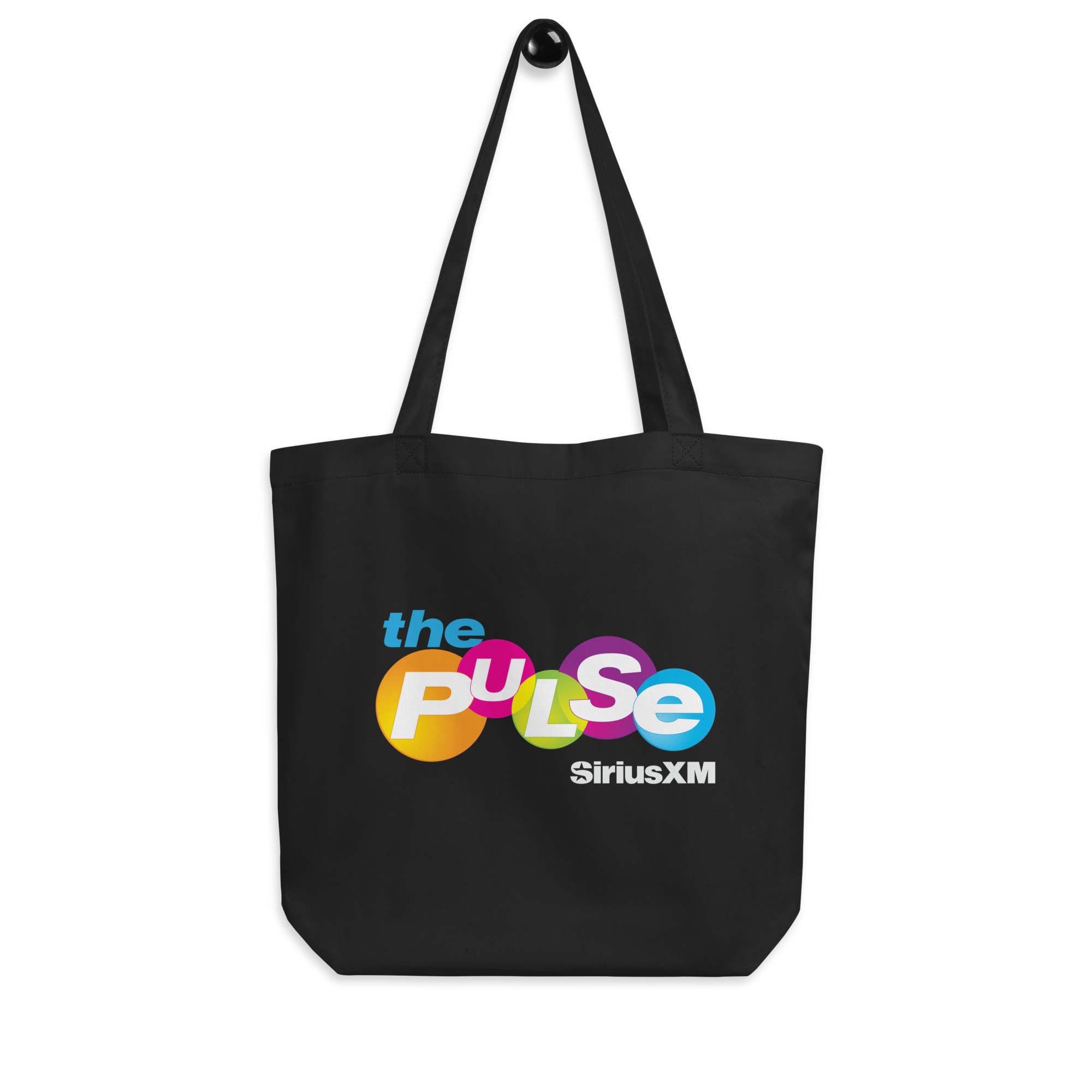 Black tote bag featuring 'the PULSE' and 'SiriusXM' in colorful text, on black background.