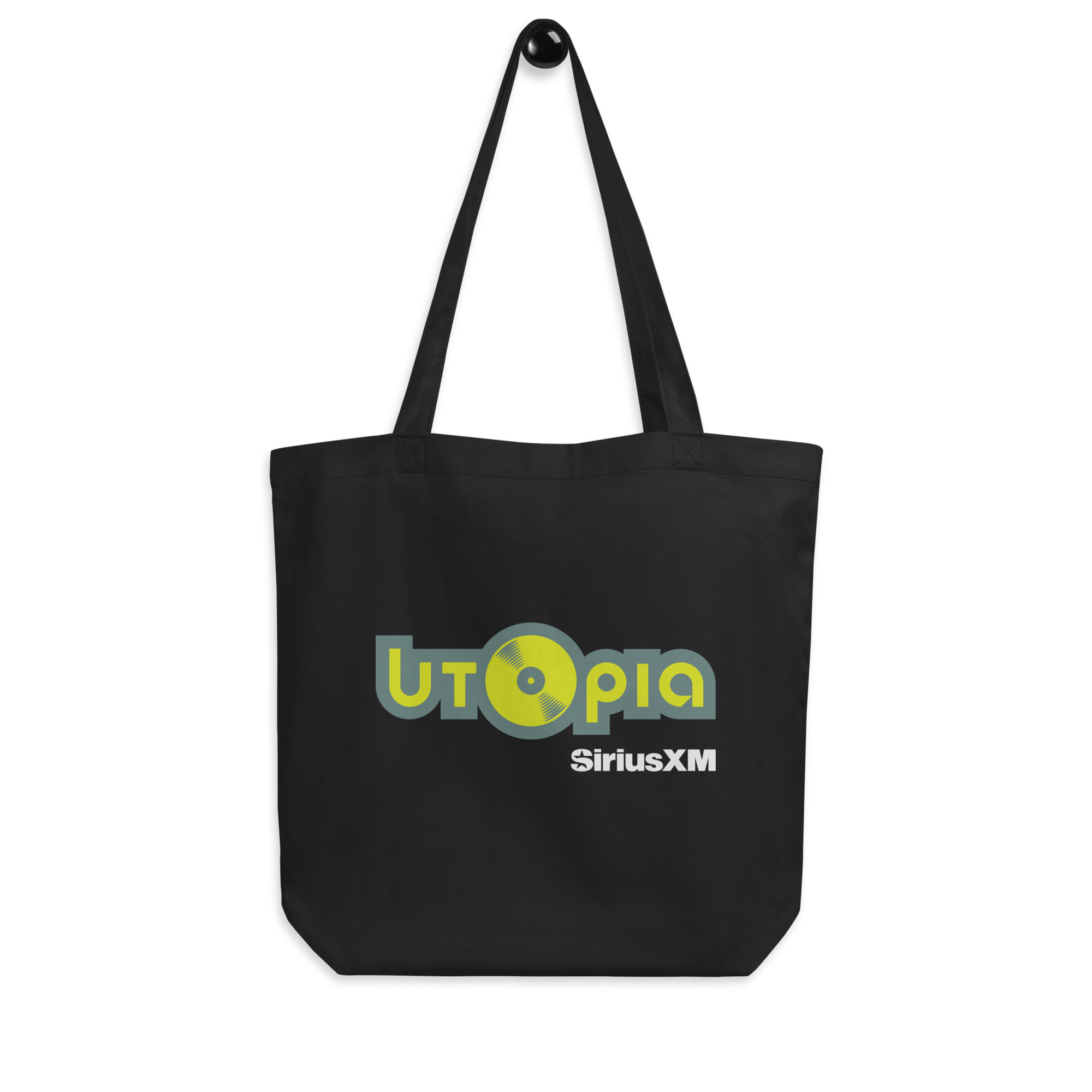 Black tote bag featuring the text 'Utopia' with a vinyl record icon and 'SiriusXM' logo.
