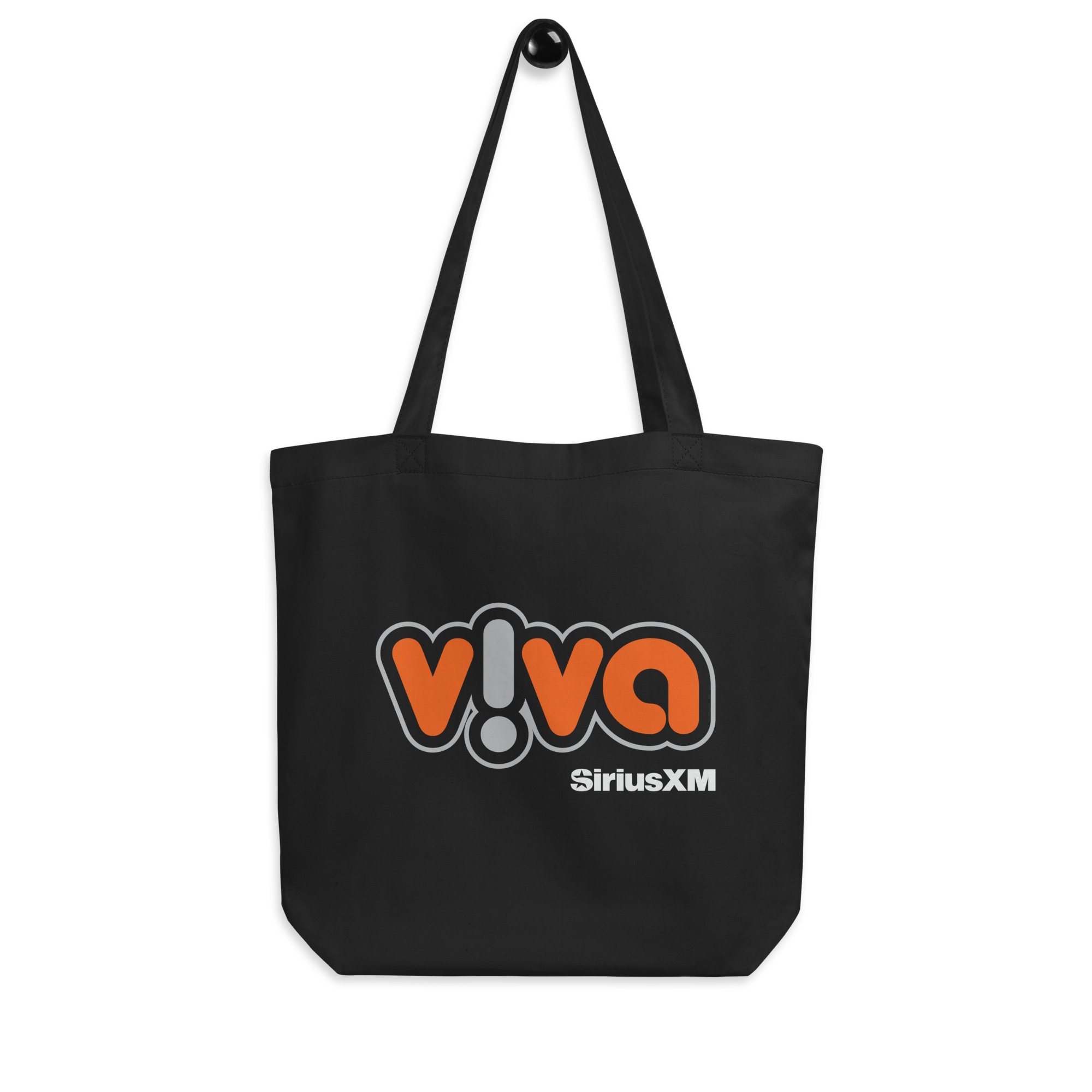 Black tote bag featuring the logo 'v!va SiriusXM' in orange and gray lettering.